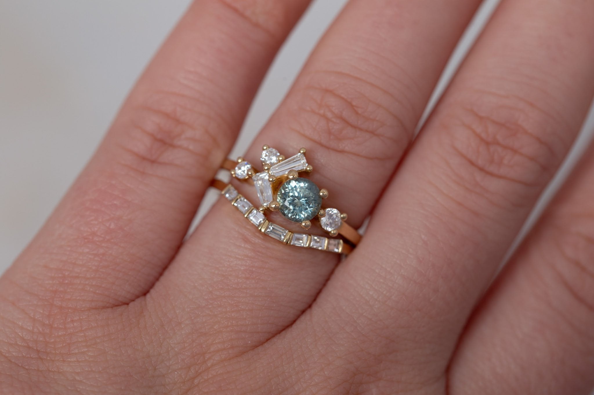 Rowan Ring | Mint Montana Sapphire + Diamond Cluster Engagement Ring 0.81 ct | 14k Recycled Gold | One of a Kind