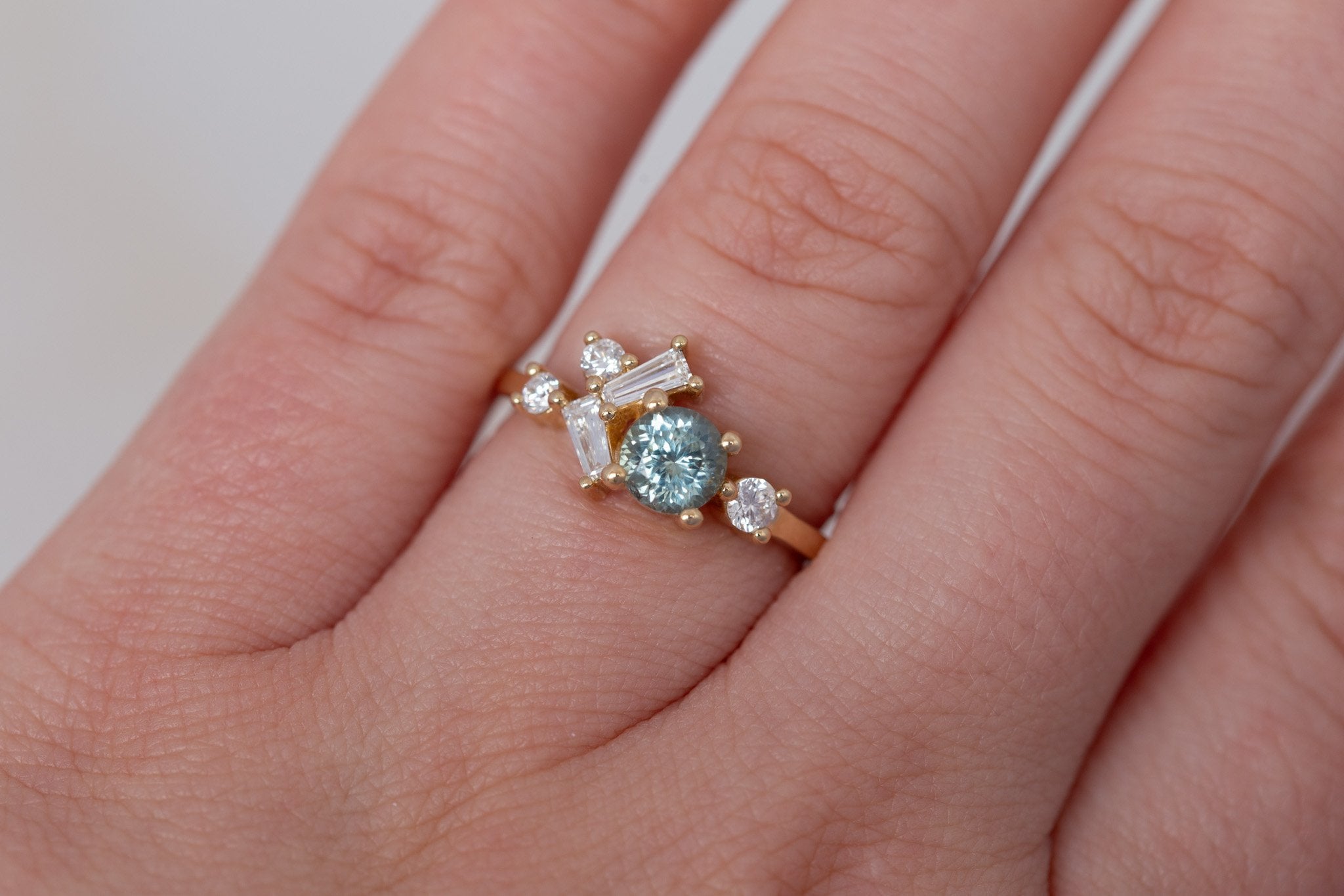 Rowan Ring | Mint Montana Sapphire + Diamond Cluster Engagement Ring 0.81 ct | 14k Recycled Gold | One of a Kind