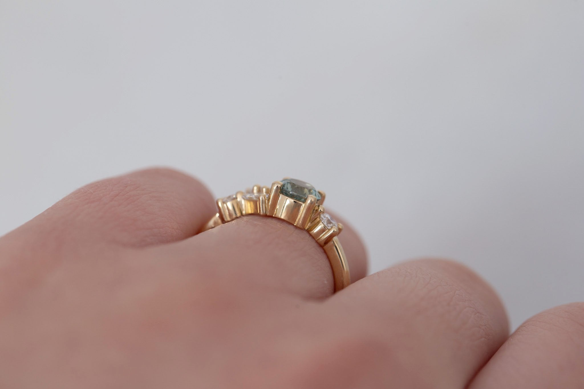 Rowan Ring | Mint Montana Sapphire + Diamond Cluster Engagement Ring 0.81 ct | 14k Recycled Gold | One of a Kind