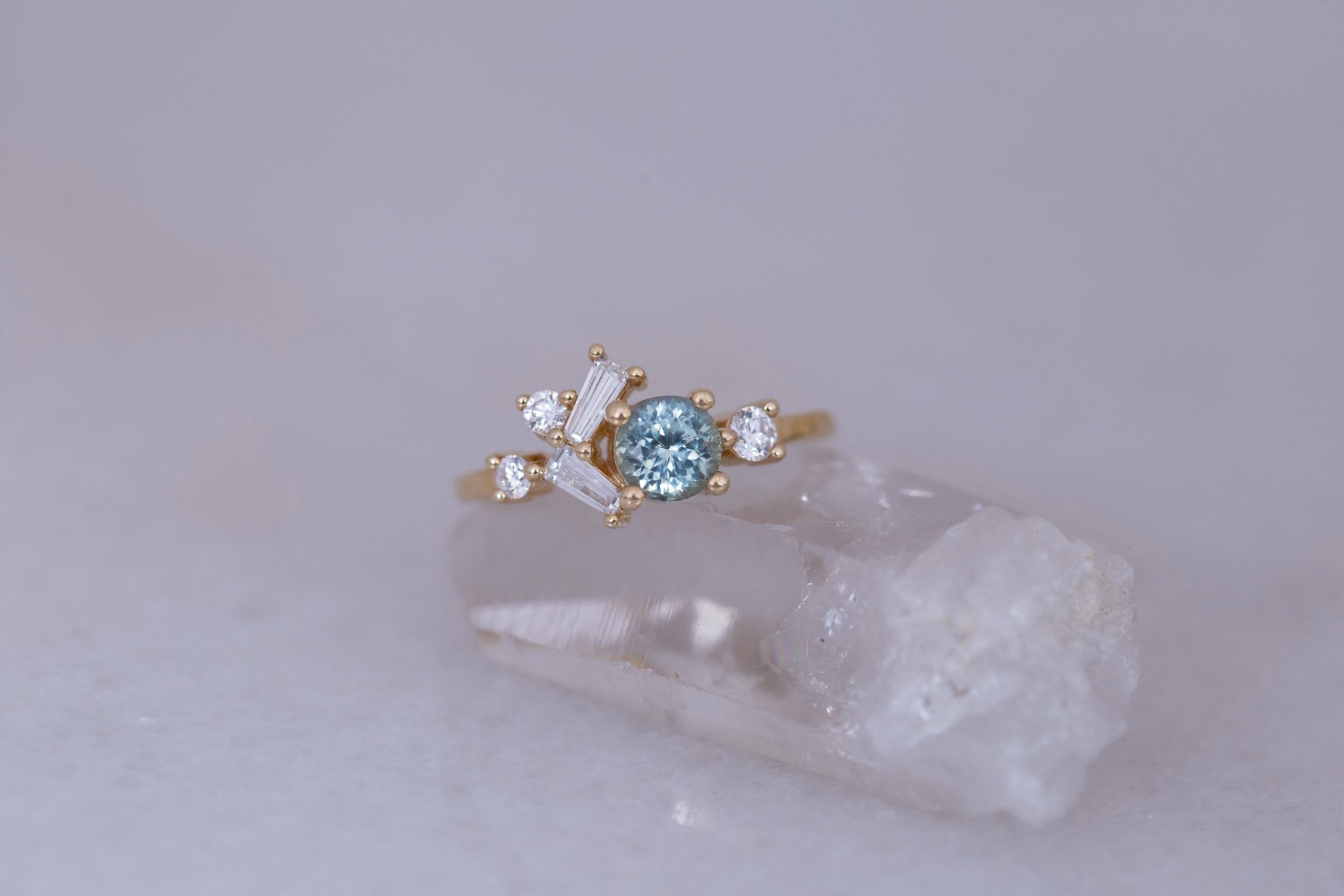 Rowan Ring | Mint Montana Sapphire + Diamond Cluster Engagement Ring 0.81 ct | 14k Recycled Gold | One of a Kind