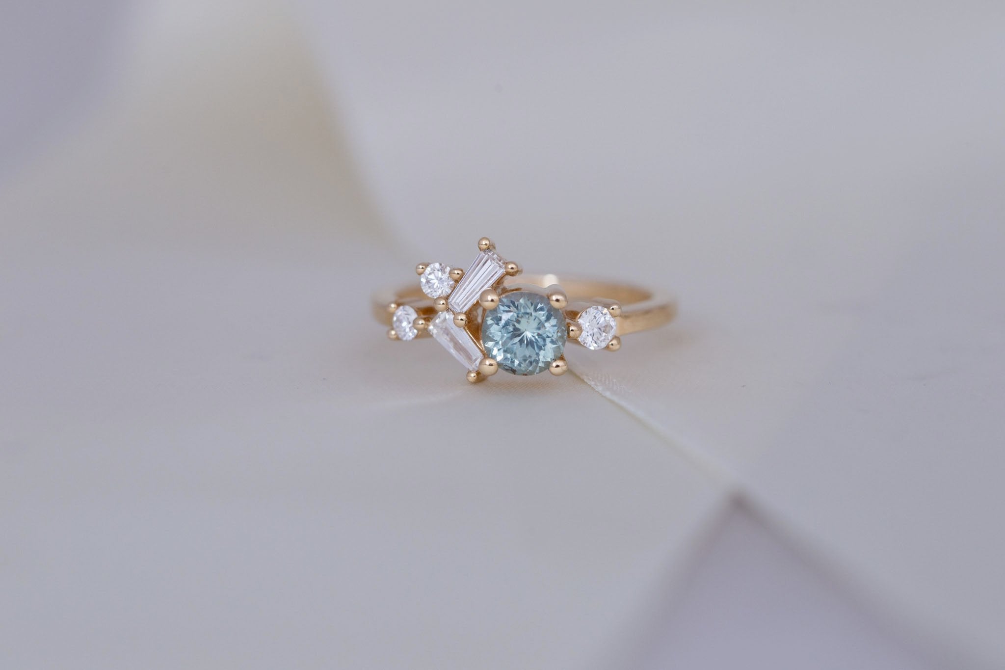 Rowan Ring | Mint Montana Sapphire + Diamond Cluster Engagement Ring 0.81 ct | 14k Recycled Gold | One of a Kind