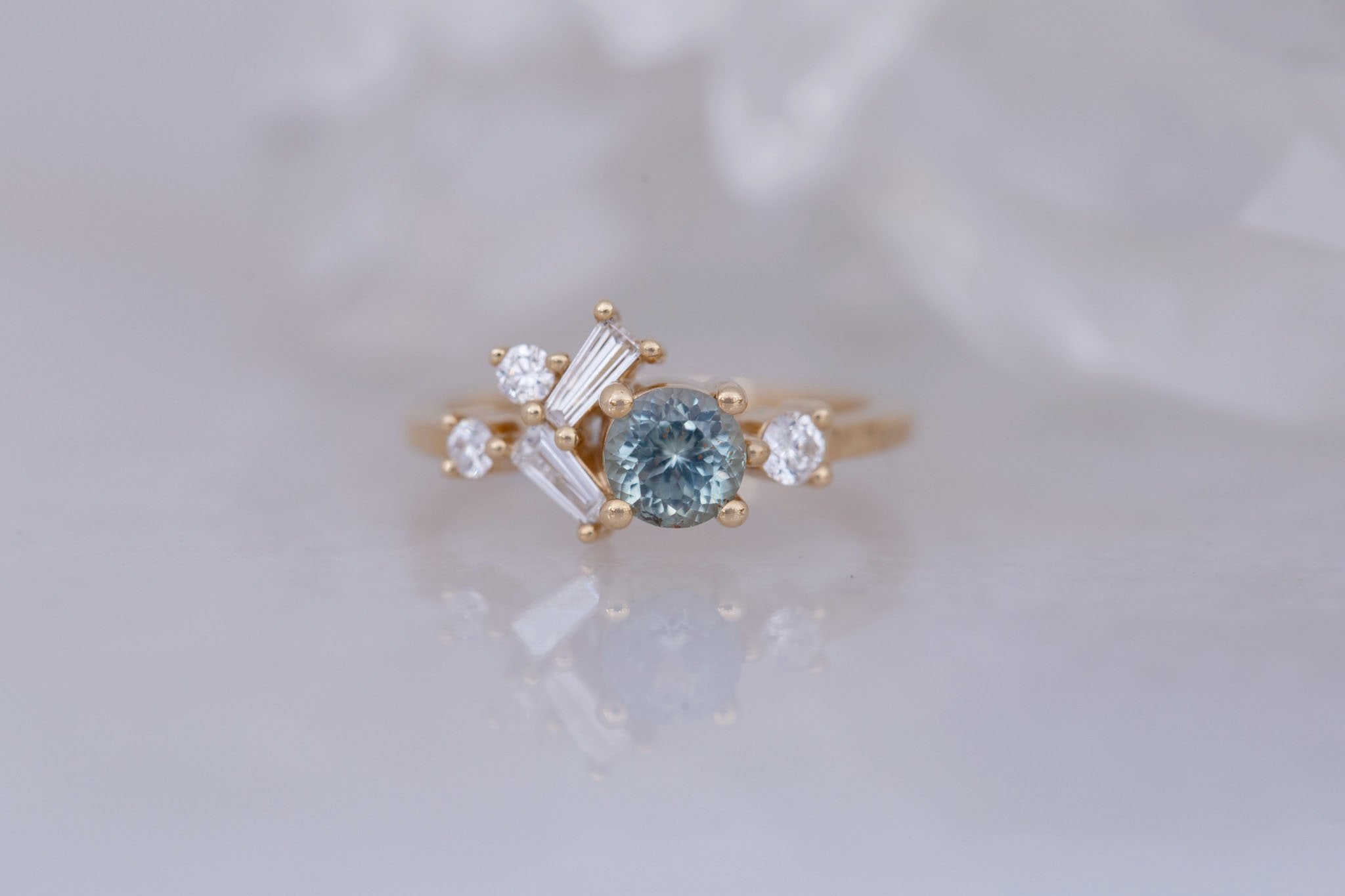 Rowan Ring | Mint Montana Sapphire + Diamond Cluster Engagement Ring 0.81 ct | 14k Recycled Gold | One of a Kind