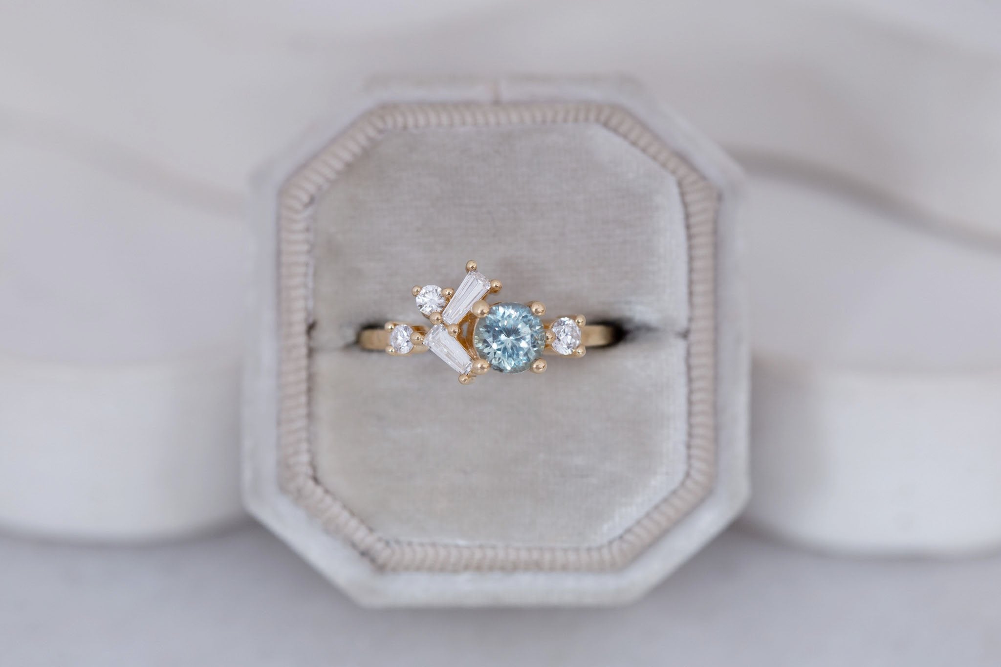 Rowan Ring | Mint Montana Sapphire + Diamond Cluster Engagement Ring 0.81 ct | 14k Recycled Gold | One of a Kind