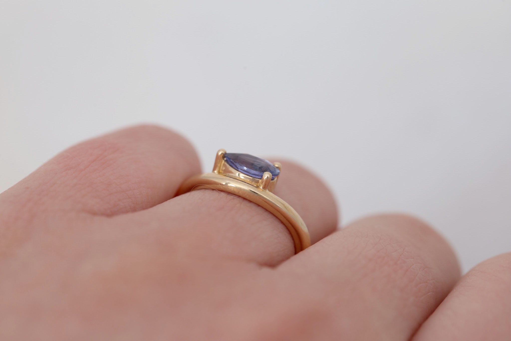 Rhodes Ring | Periwinkle Pear Sapphire Solitaire + Curved Band Engagement Ring 0.81 ct | 14k Recycled Gold | One of a Kind