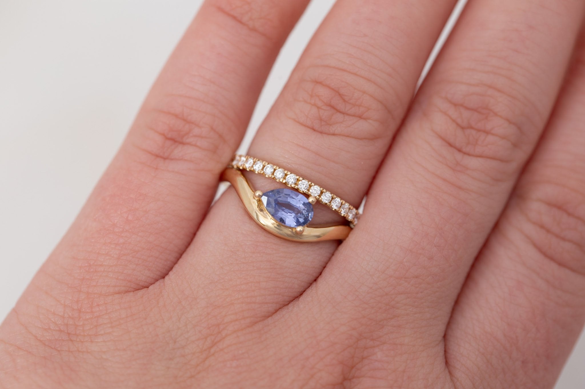 Rhodes Ring | Periwinkle Pear Sapphire Solitaire + Curved Band Engagement Ring 0.81 ct | 14k Recycled Gold | One of a Kind