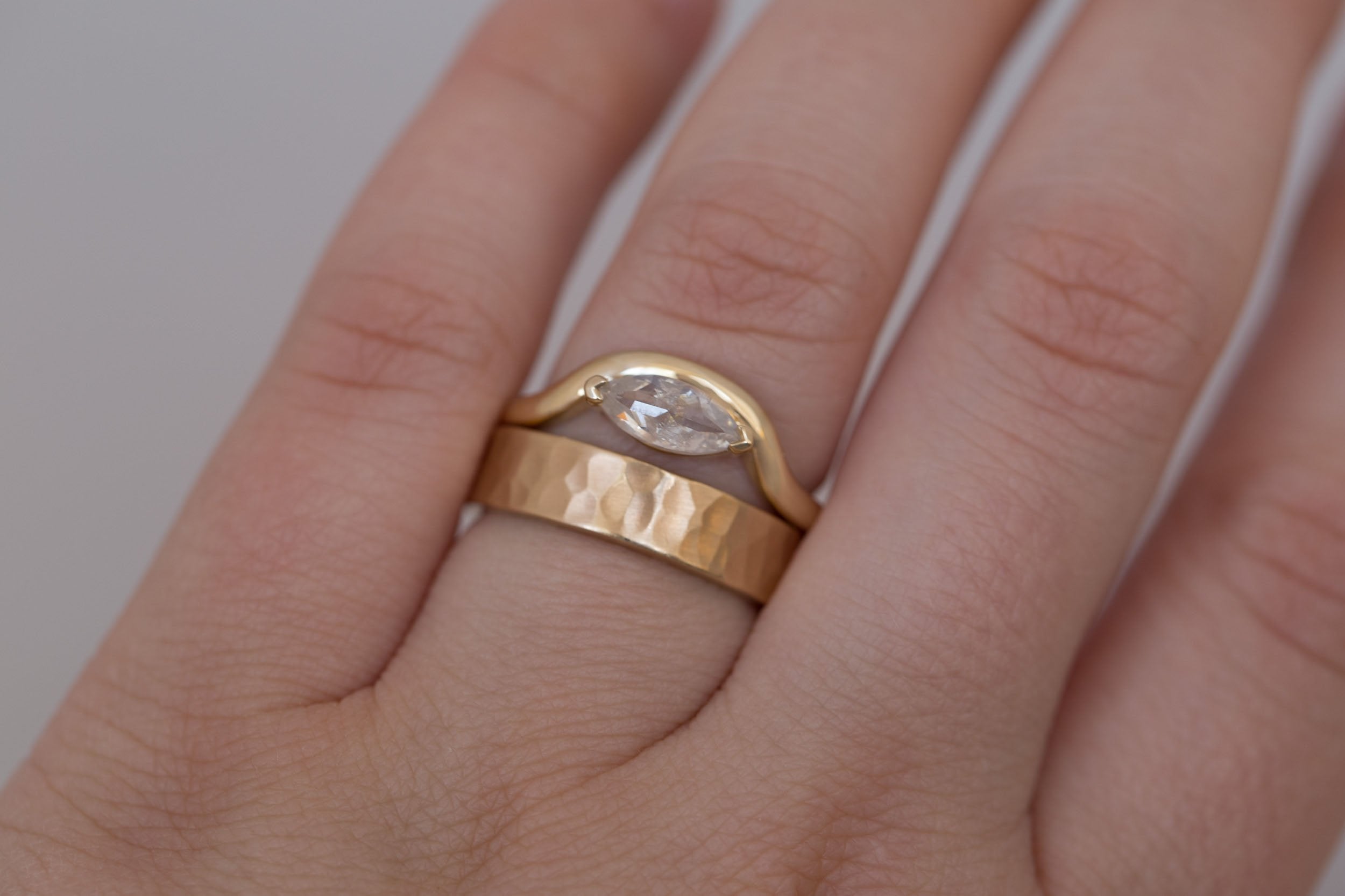 Rhodes Ring | Marquise Rustic Diamond Solitaire + Curved Band Engagement Ring 0.83 ct | 14k Recycled Gold | One of a Kind