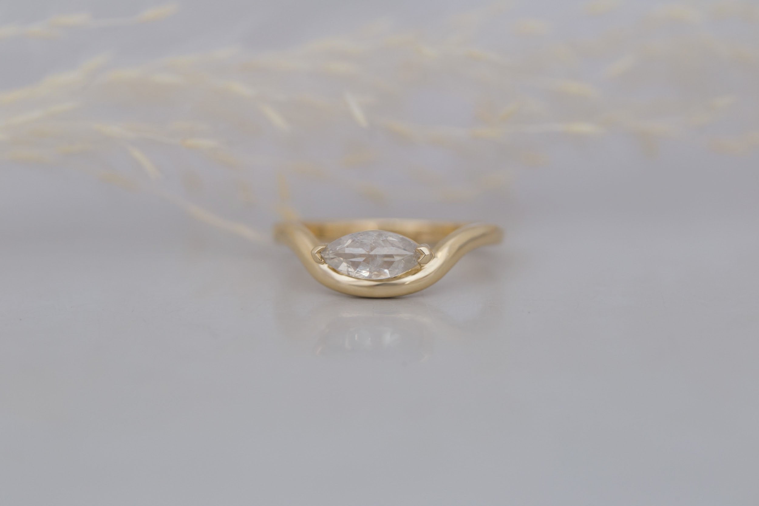 Rhodes Ring | Marquise Rustic Diamond Solitaire + Curved Band Engagement Ring 0.83 ct | 14k Recycled Gold | One of a Kind