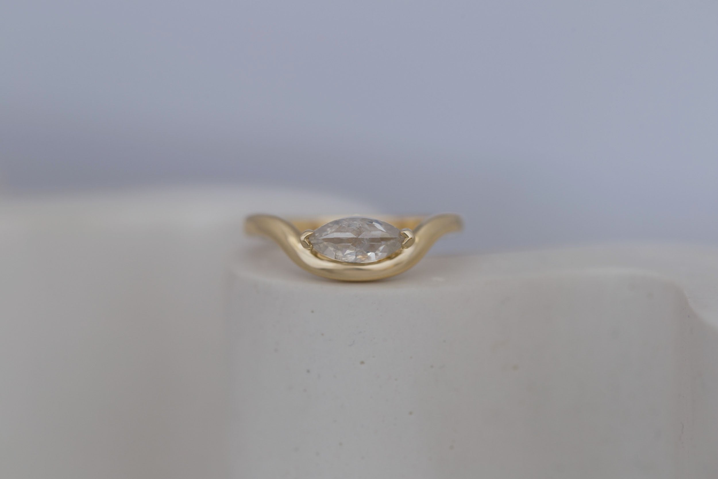 Rhodes Ring | Marquise Rustic Diamond Solitaire + Curved Band Engagement Ring 0.83 ct | 14k Recycled Gold | One of a Kind