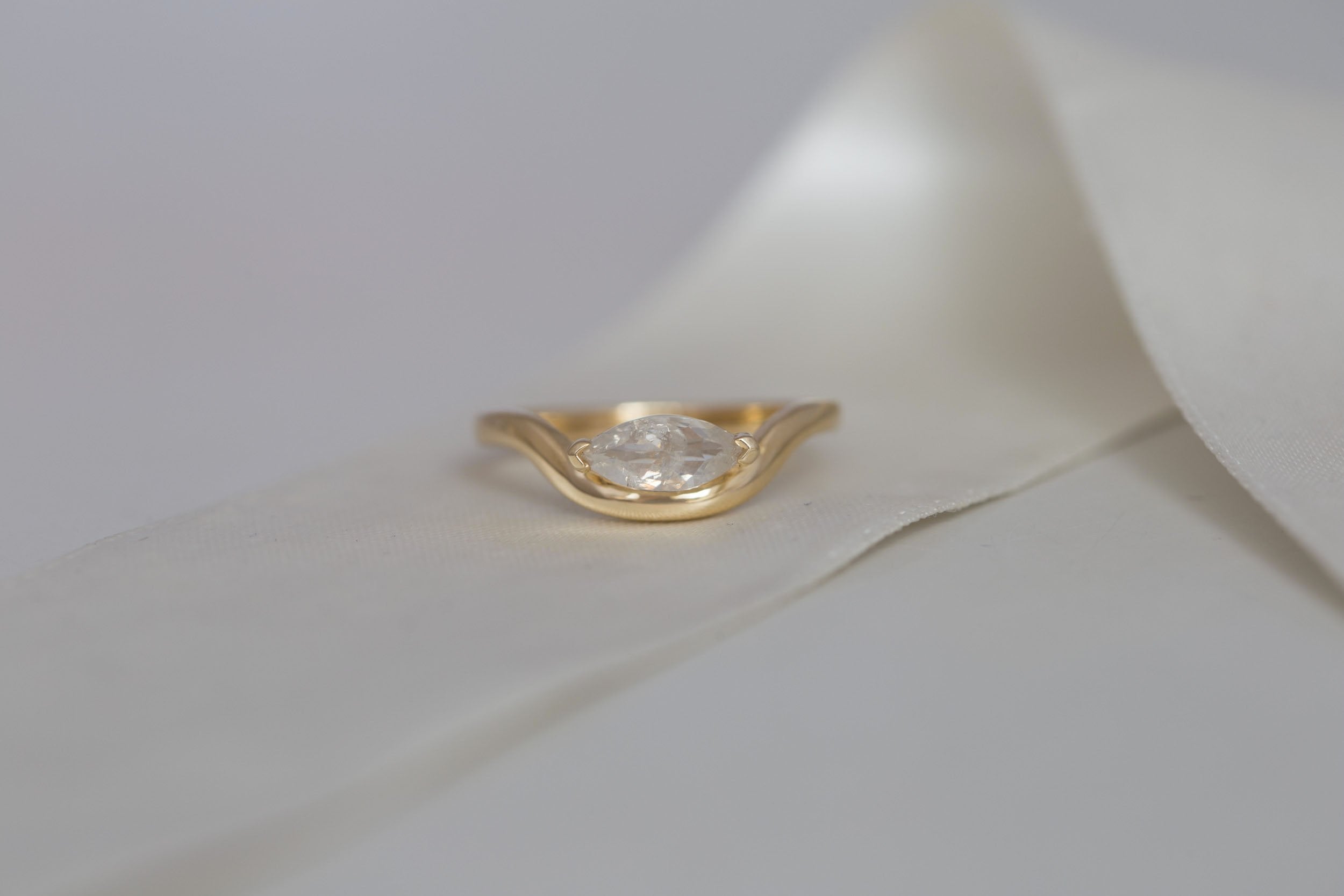 Rhodes Ring | Marquise Rustic Diamond Solitaire + Curved Band Engagement Ring 0.83 ct | 14k Recycled Gold | One of a Kind