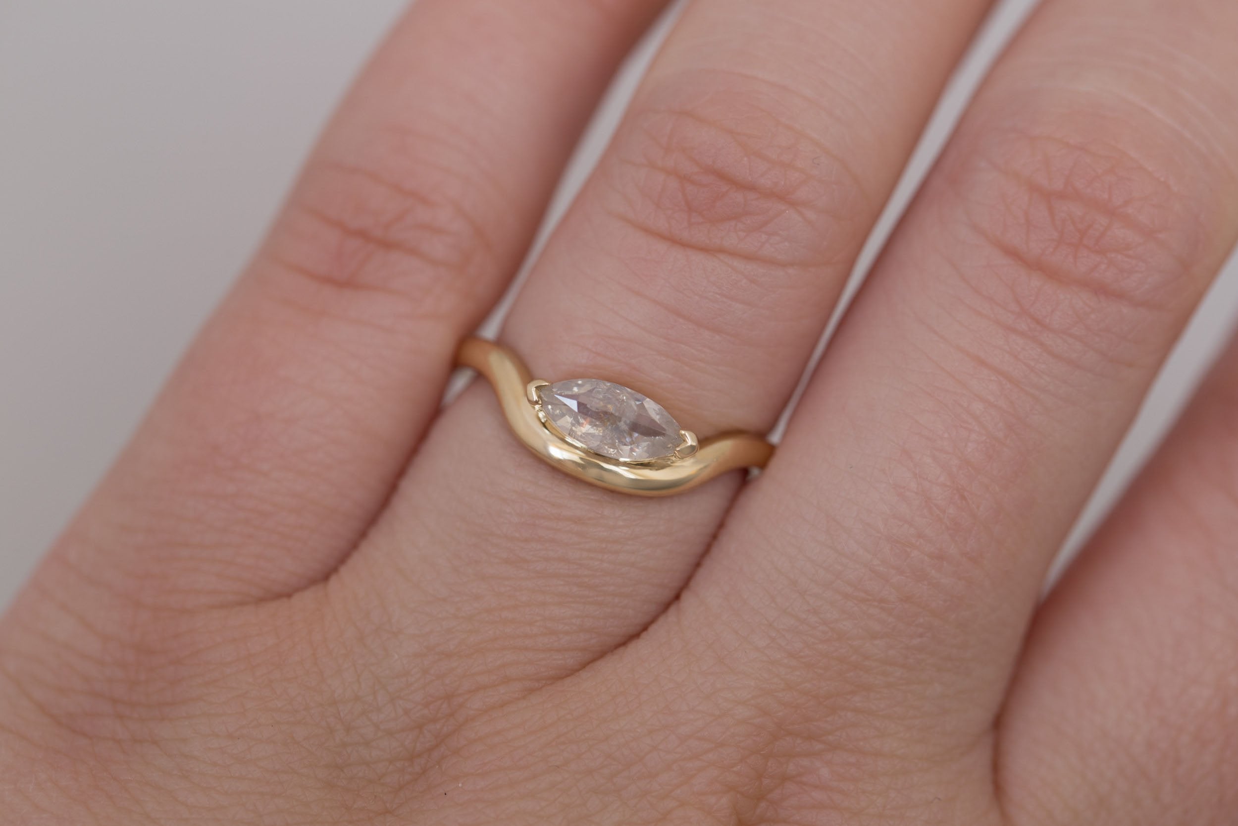 Rhodes Ring | Marquise Rustic Diamond Solitaire + Curved Band Engagement Ring 0.83 ct | 14k Recycled Gold | One of a Kind