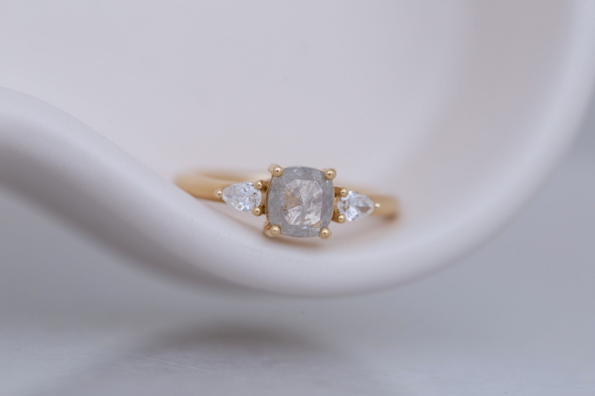 Iris Ring | Silver Cushion Cut Diamond + Pear Diamond Accent Engagement Ring 0.84 ct | 14k Recycled Gold | One of a Kind