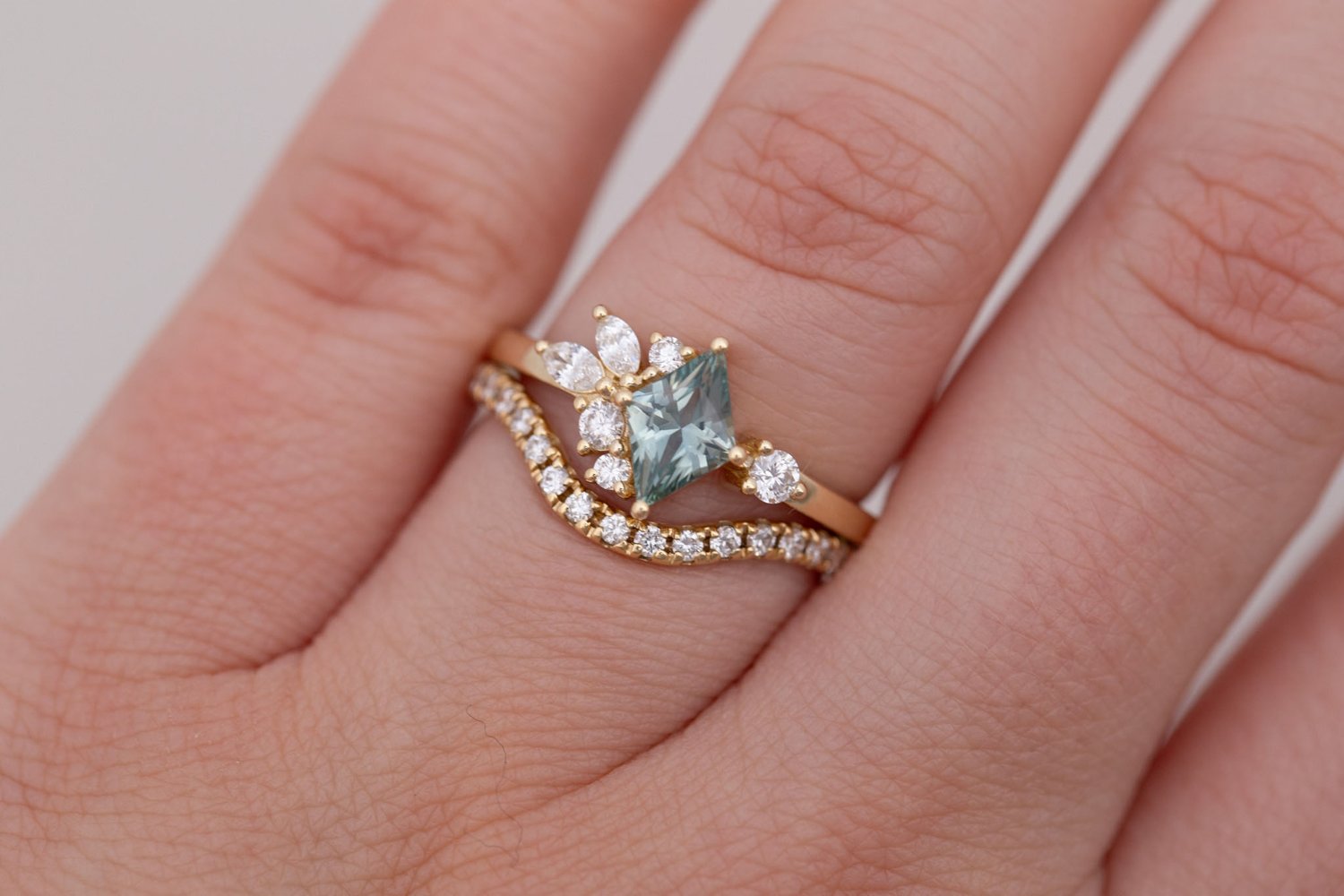Alden Ring | Mint Montana Sapphire Rhombus + Diamond Cluster Engagement Ring 0.85 ct | 14k Recycled Gold | One of a Kind