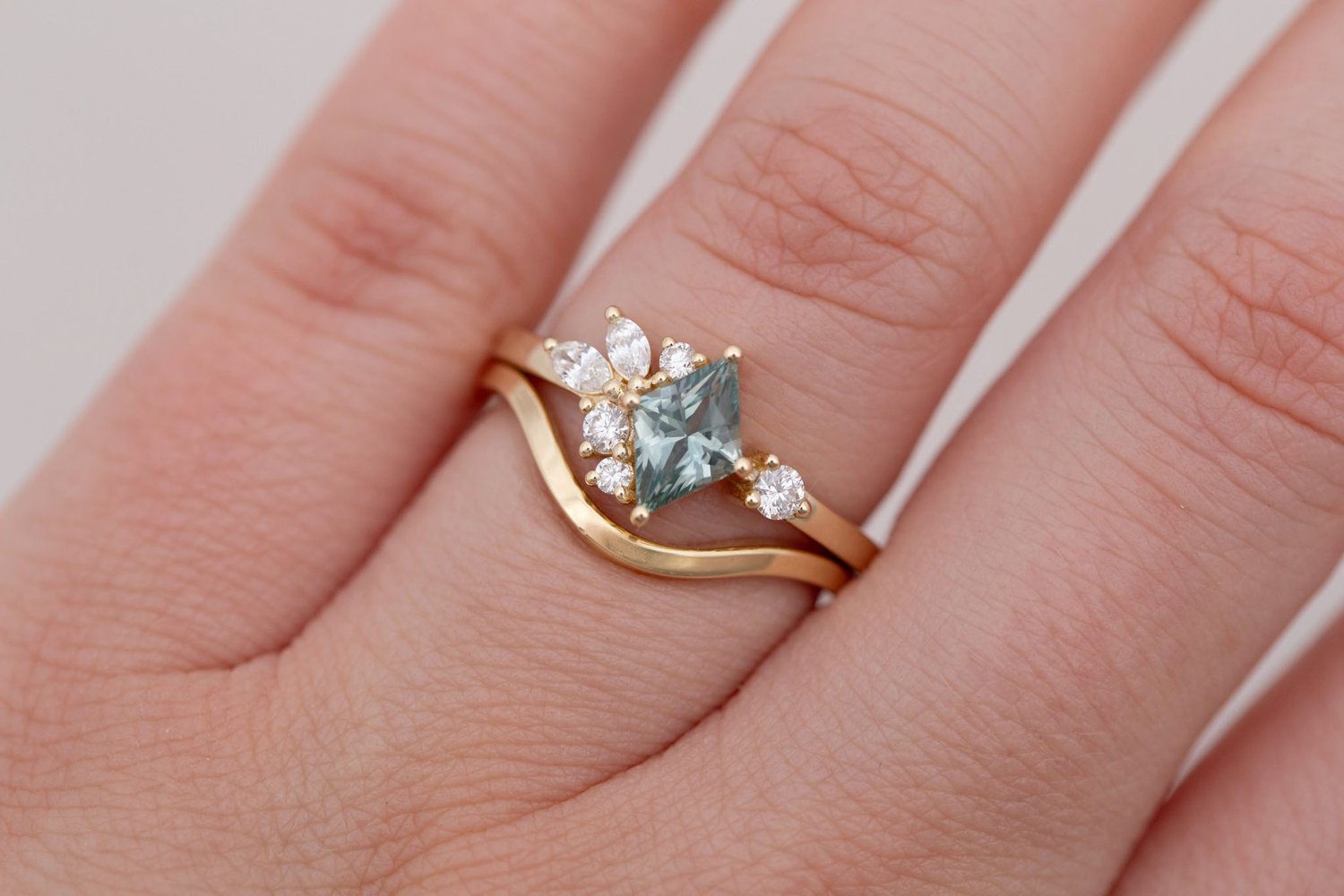 Alden Ring | Mint Montana Sapphire Rhombus + Diamond Cluster Engagement Ring 0.85 ct | 14k Recycled Gold | One of a Kind