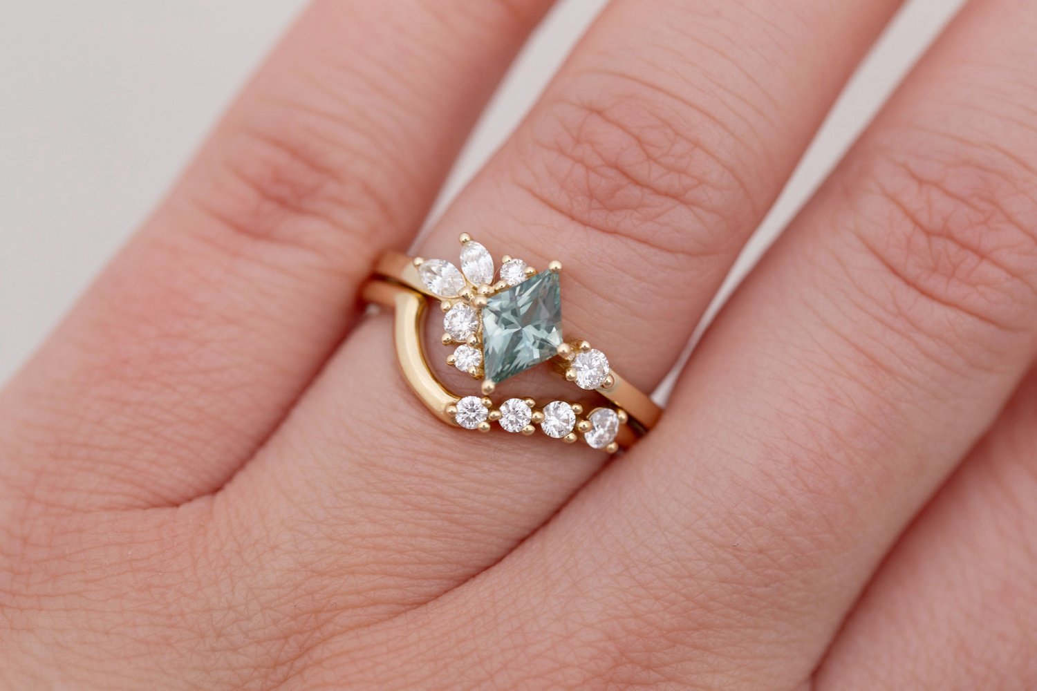 Alden Ring | Mint Montana Sapphire Rhombus + Diamond Cluster Engagement Ring 0.85 ct | 14k Recycled Gold | One of a Kind