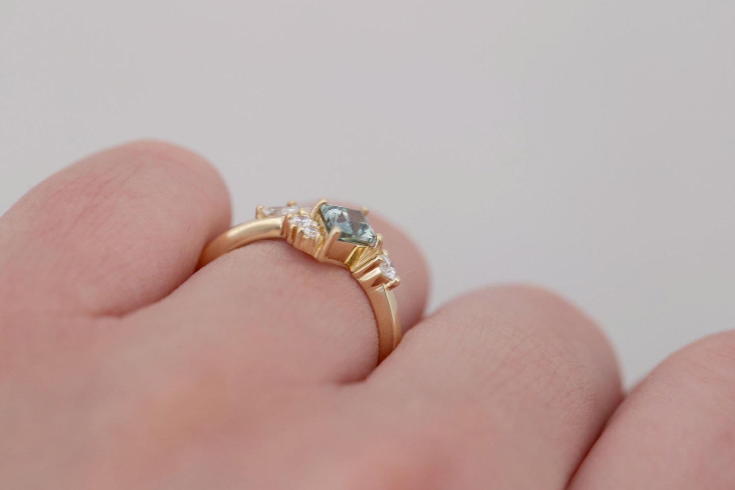 Alden Ring | Mint Montana Sapphire Rhombus + Diamond Cluster Engagement Ring 0.85 ct | 14k Recycled Gold | One of a Kind