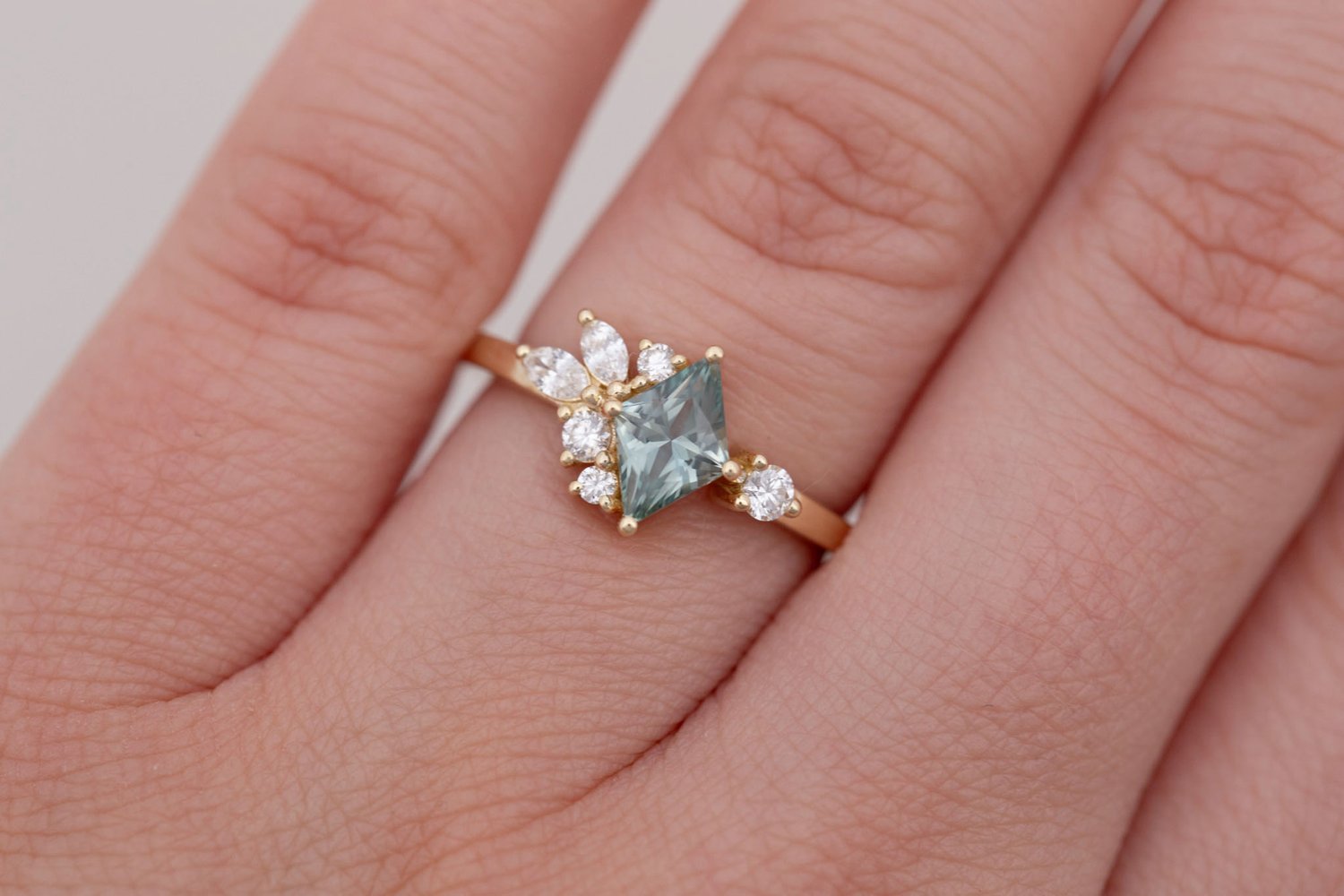 Alden Ring | Mint Montana Sapphire Rhombus + Diamond Cluster Engagement Ring 0.85 ct | 14k Recycled Gold | One of a Kind