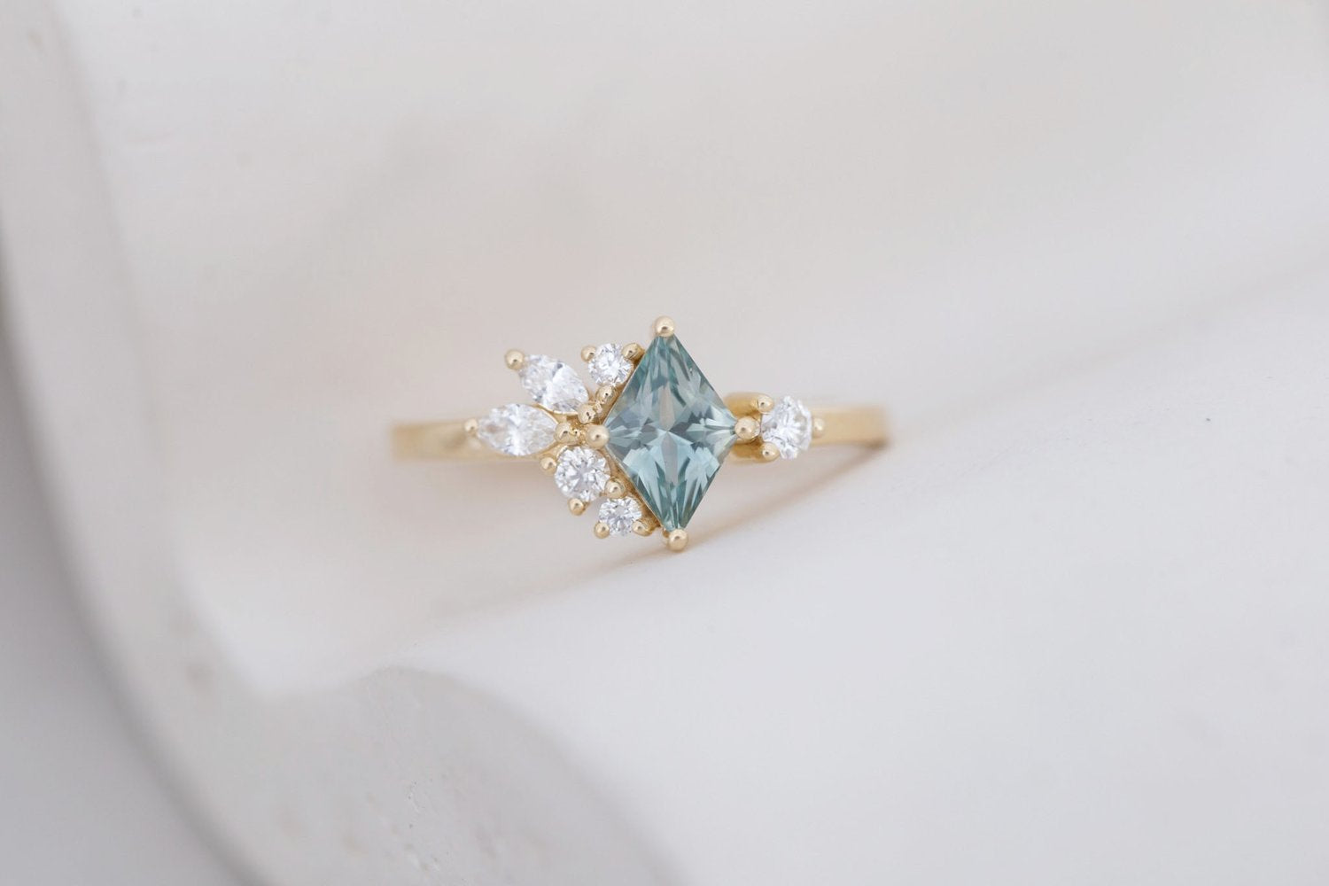 Alden Ring | Mint Montana Sapphire Rhombus + Diamond Cluster Engagement Ring 0.85 ct | 14k Recycled Gold | One of a Kind