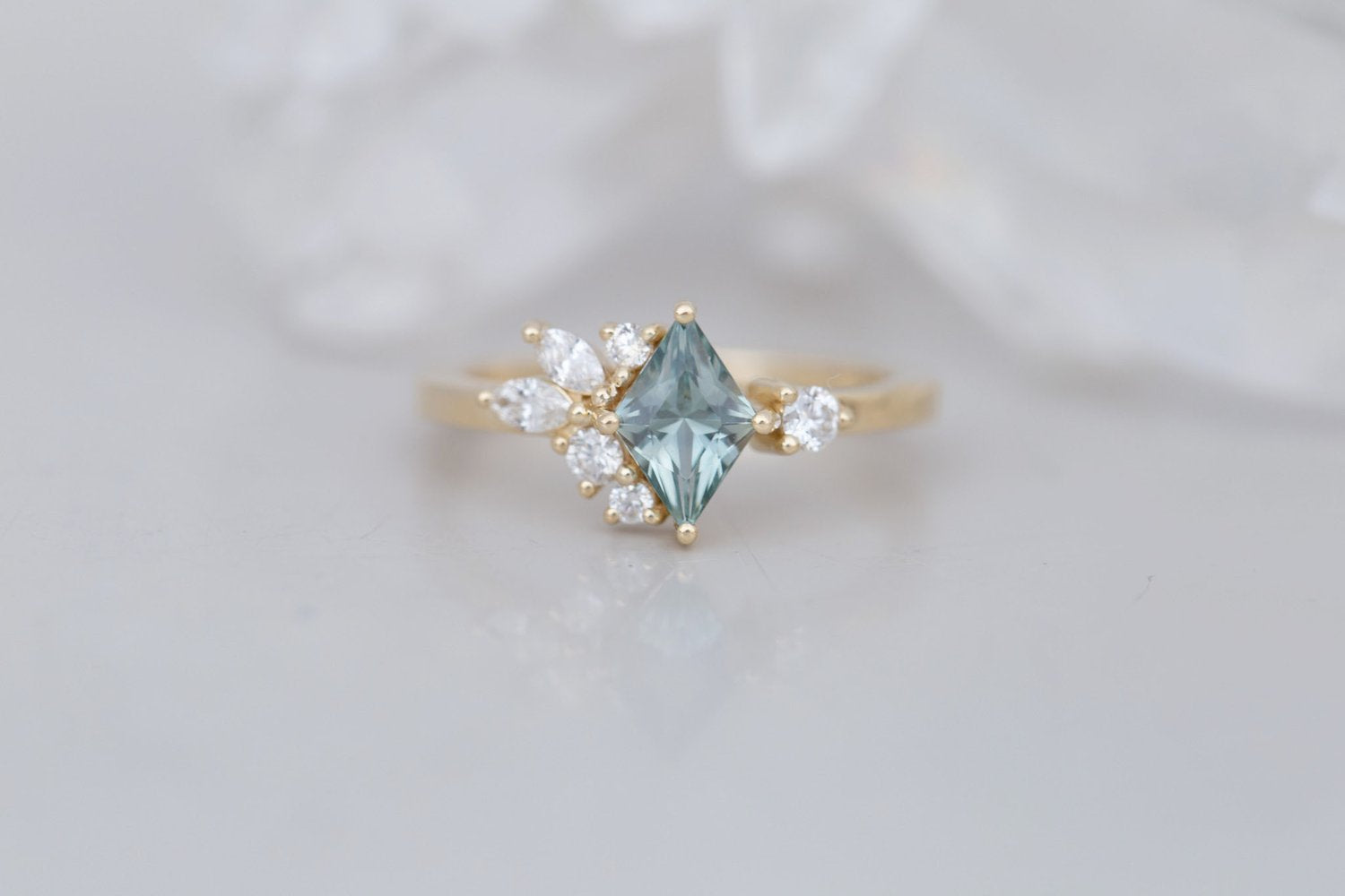 Alden Ring | Mint Montana Sapphire Rhombus + Diamond Cluster Engagement Ring 0.85 ct | 14k Recycled Gold | One of a Kind