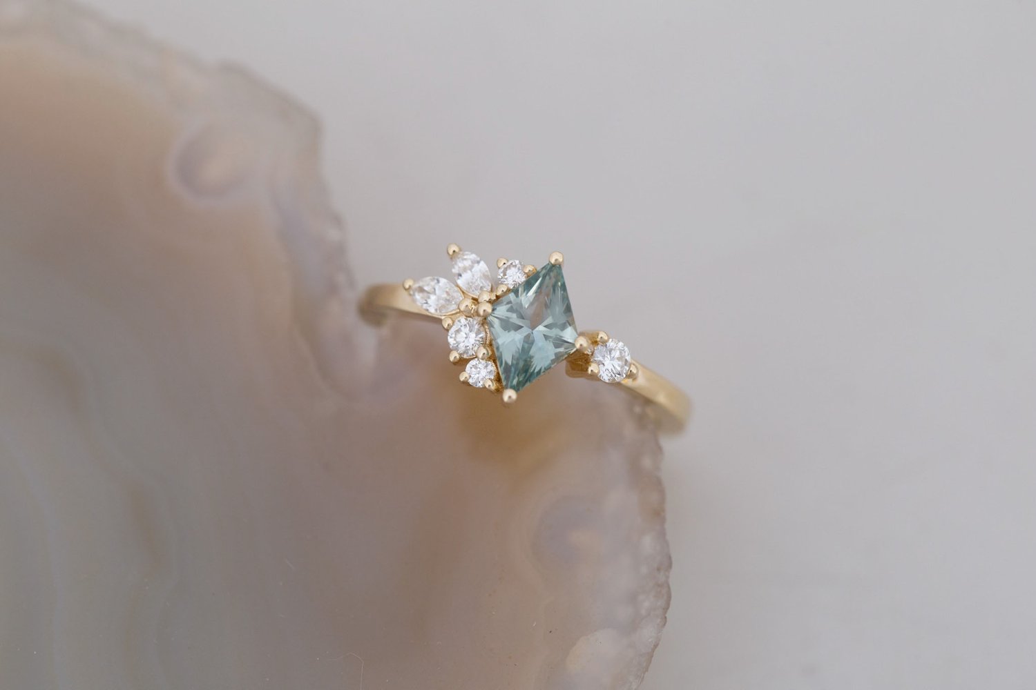 Alden Ring | Mint Montana Sapphire Rhombus + Diamond Cluster Engagement Ring 0.85 ct | 14k Recycled Gold | One of a Kind