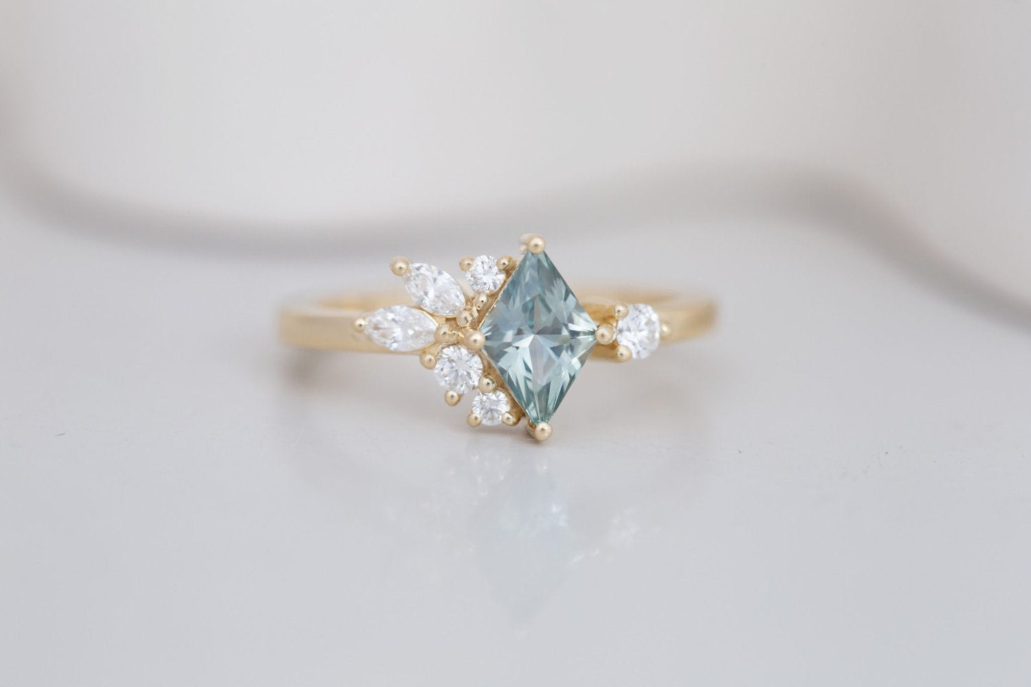 Alden Ring | Mint Montana Sapphire Rhombus + Diamond Cluster Engagement Ring 0.85 ct | 14k Recycled Gold | One of a Kind