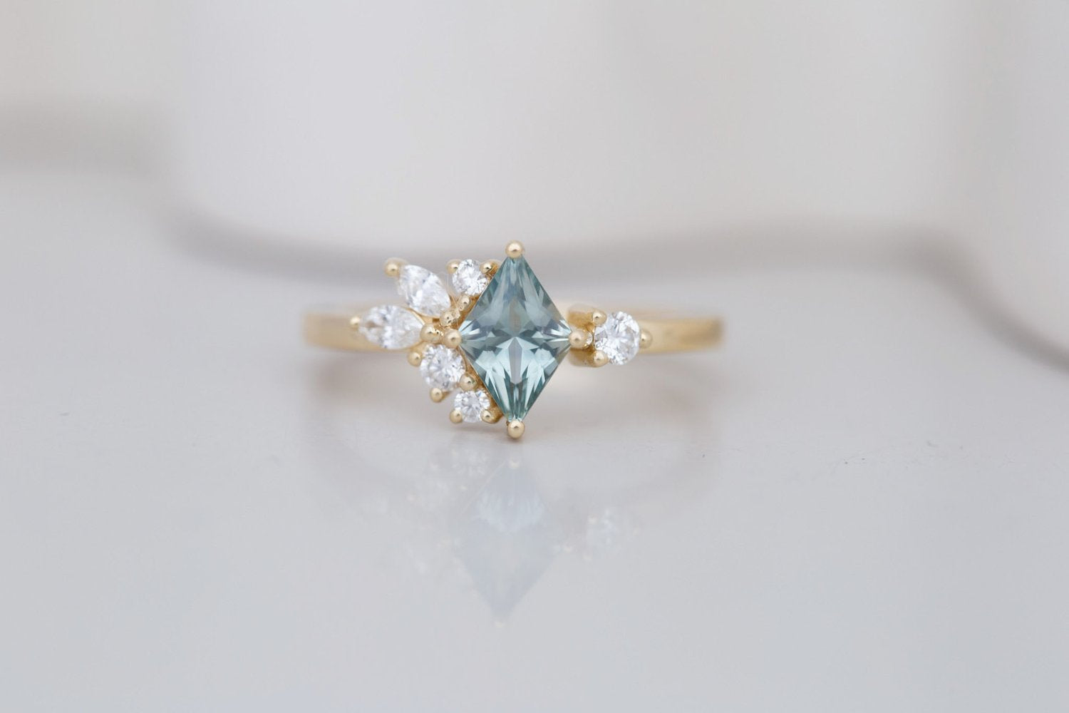 Alden Ring | Mint Montana Sapphire Rhombus + Diamond Cluster Engagement Ring 0.85 ct | 14k Recycled Gold | One of a Kind