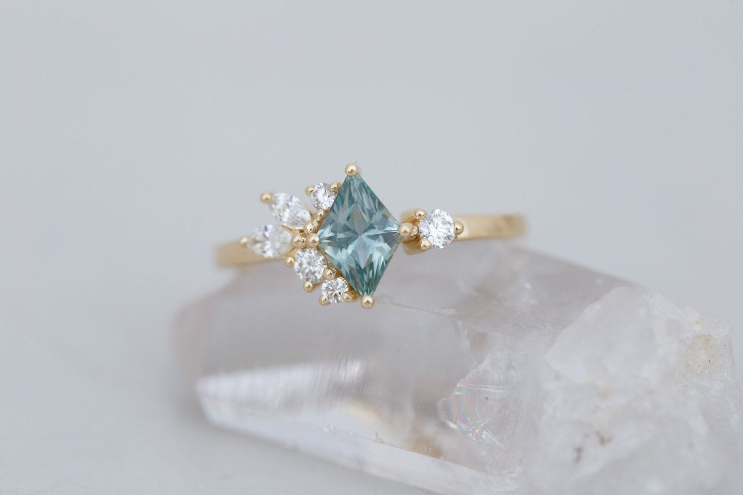 Alden Ring | Mint Montana Sapphire Rhombus + Diamond Cluster Engagement Ring 0.85 ct | 14k Recycled Gold | One of a Kind