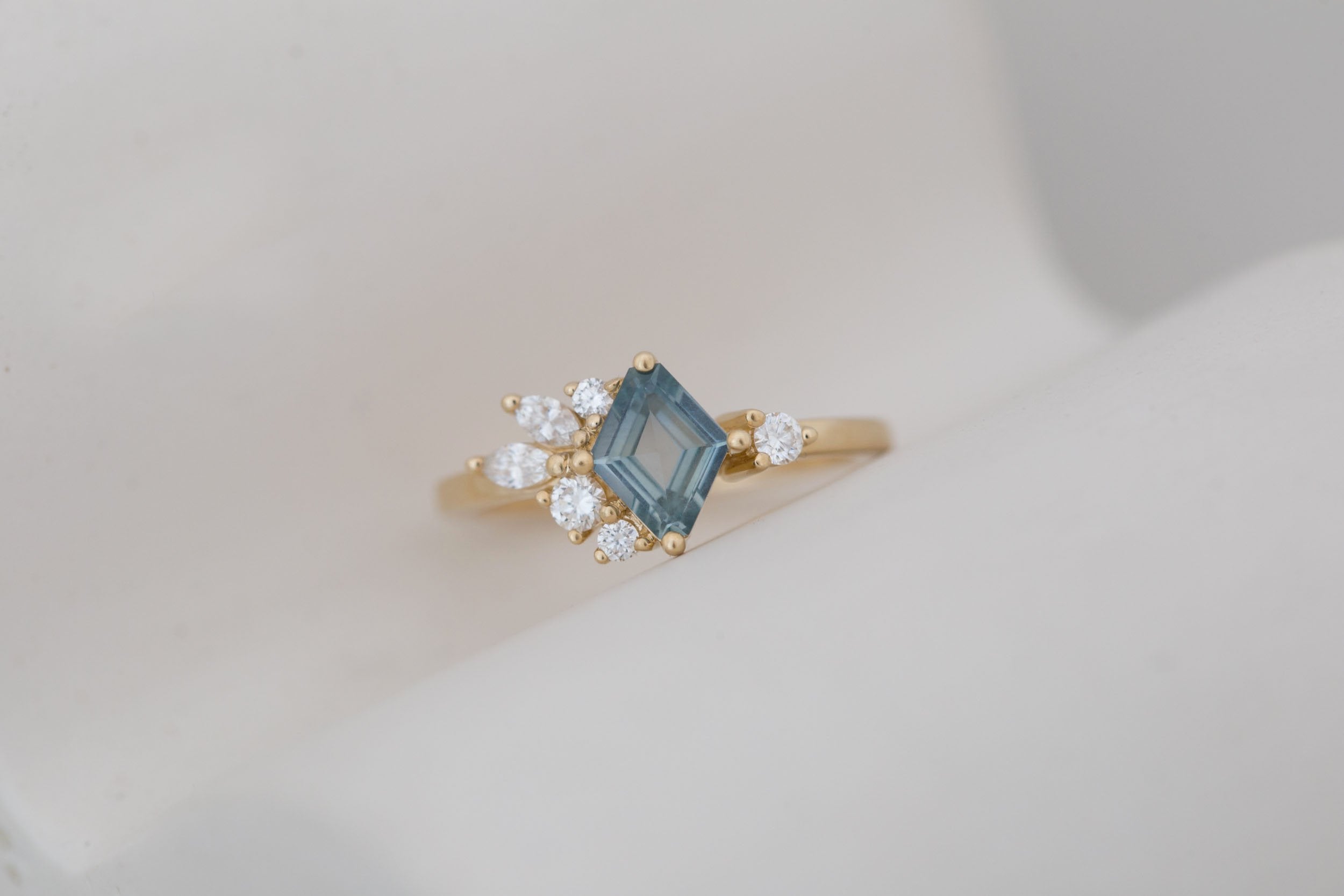 Alden Ring | Mint Montana Sapphire Rhombus + Diamond Cluster Engagement Ring 0.85 ct | 14k Recycled Gold | One of a Kind