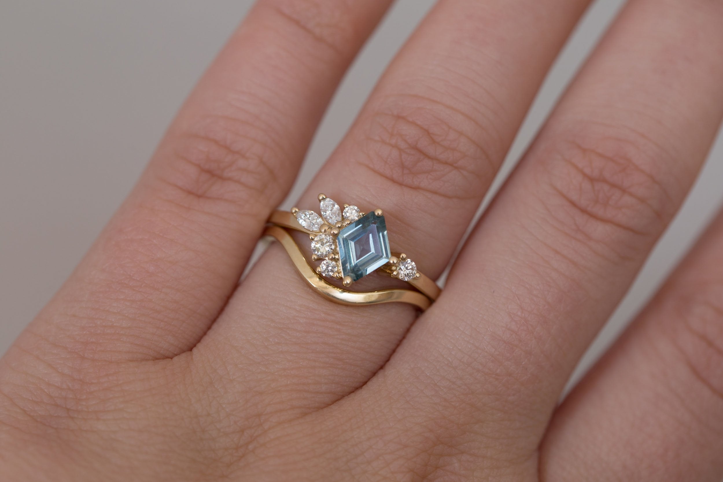 Alden Ring | Mint Montana Sapphire Rhombus + Diamond Cluster Engagement Ring 0.85 ct | 14k Recycled Gold | One of a Kind