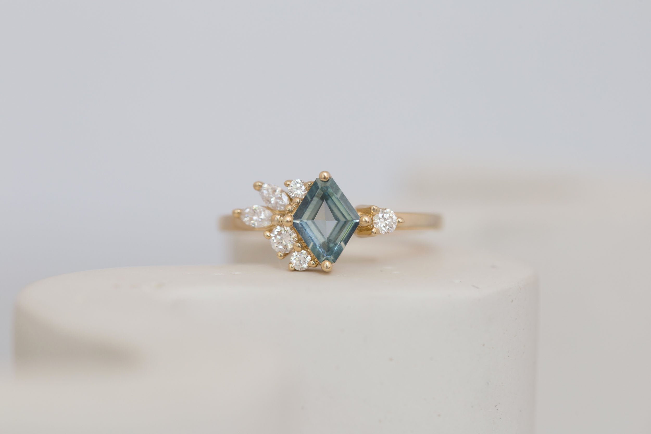 Alden Ring | Mint Montana Sapphire Rhombus + Diamond Cluster Engagement Ring 0.85 ct | 14k Recycled Gold | One of a Kind
