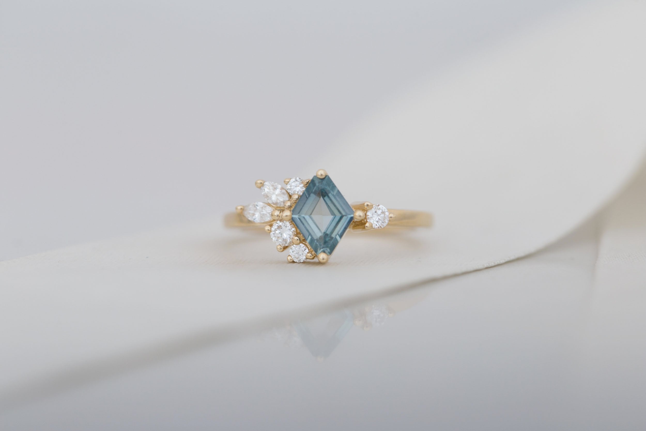 Alden Ring | Mint Montana Sapphire Rhombus + Diamond Cluster Engagement Ring 0.85 ct | 14k Recycled Gold | One of a Kind
