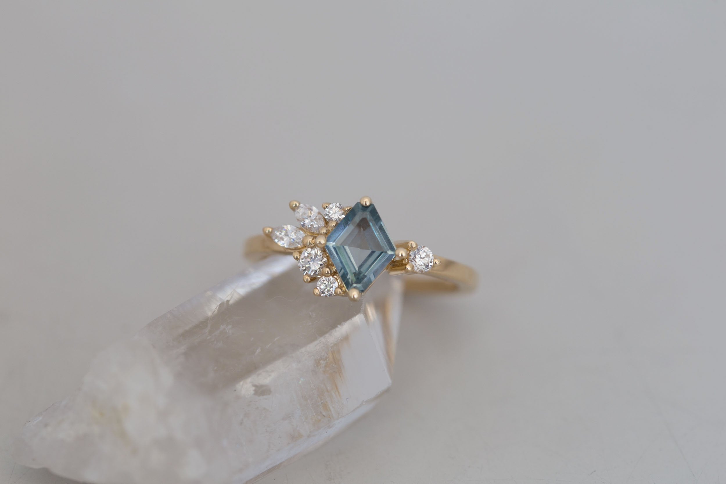 Alden Ring | Mint Montana Sapphire Rhombus + Diamond Cluster Engagement Ring 0.85 ct | 14k Recycled Gold | One of a Kind