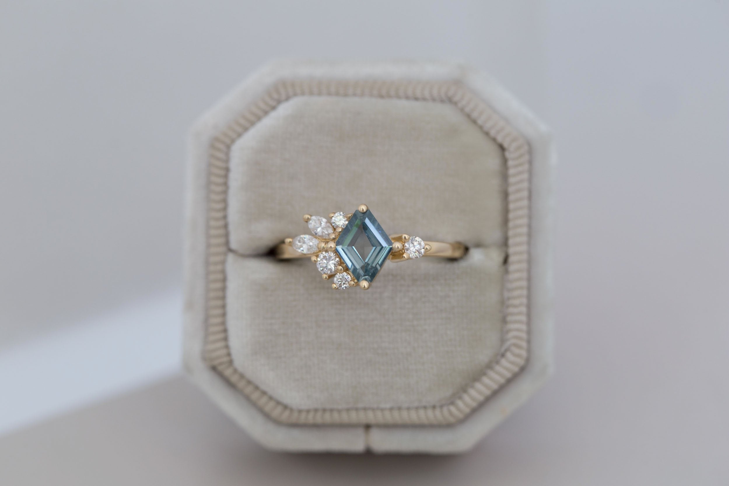 Alden Ring | Mint Montana Sapphire Rhombus + Diamond Cluster Engagement Ring 0.85 ct | 14k Recycled Gold | One of a Kind