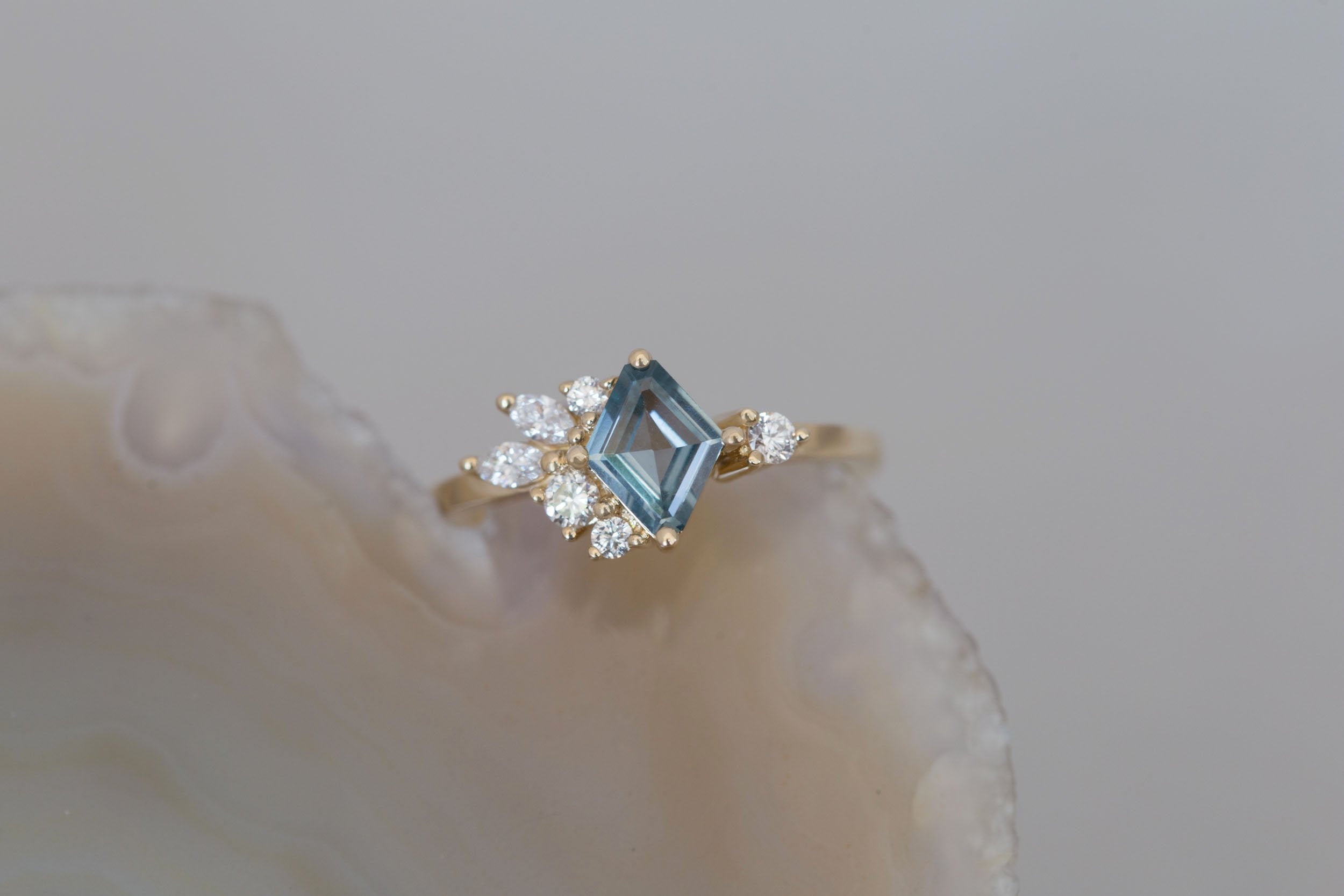 Alden Ring | Mint Montana Sapphire Rhombus + Diamond Cluster Engagement Ring 0.85 ct | 14k Recycled Gold | One of a Kind