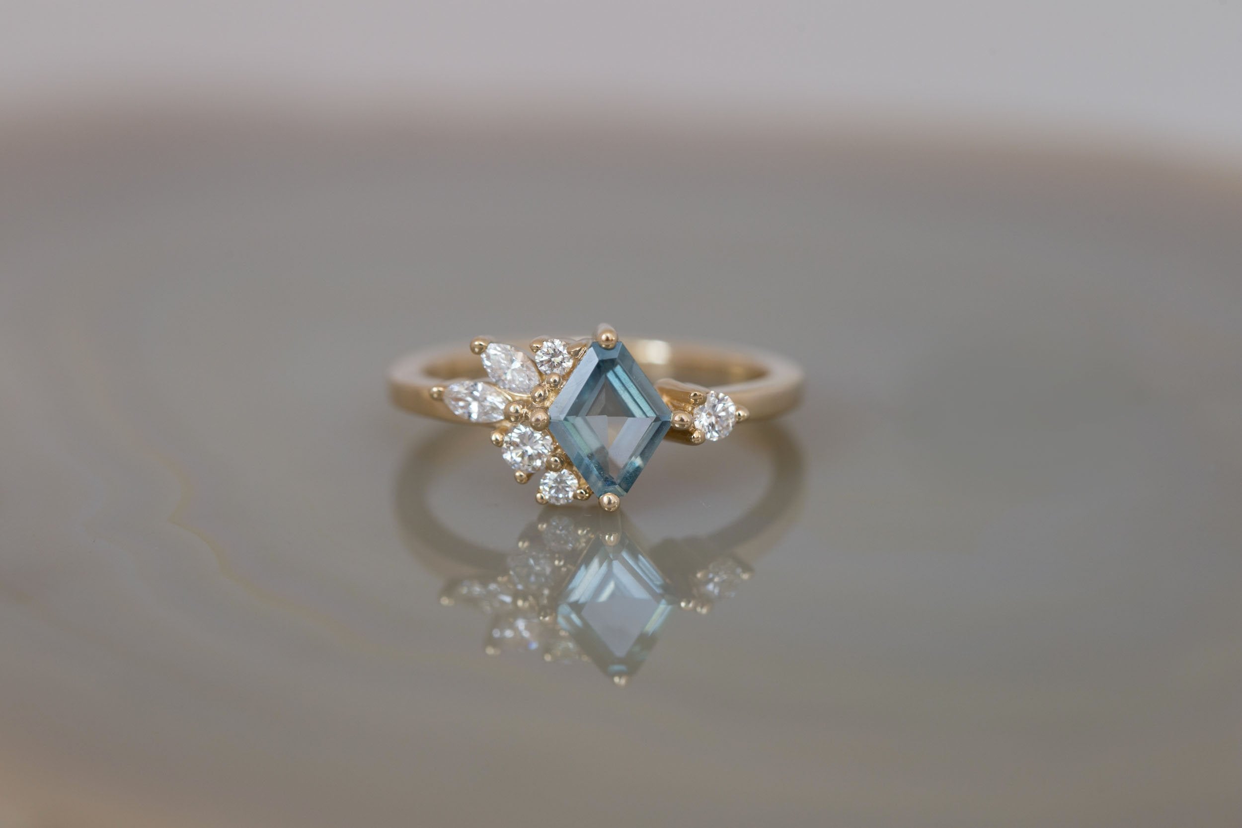 Alden Ring | Mint Montana Sapphire Rhombus + Diamond Cluster Engagement Ring 0.85 ct | 14k Recycled Gold | One of a Kind