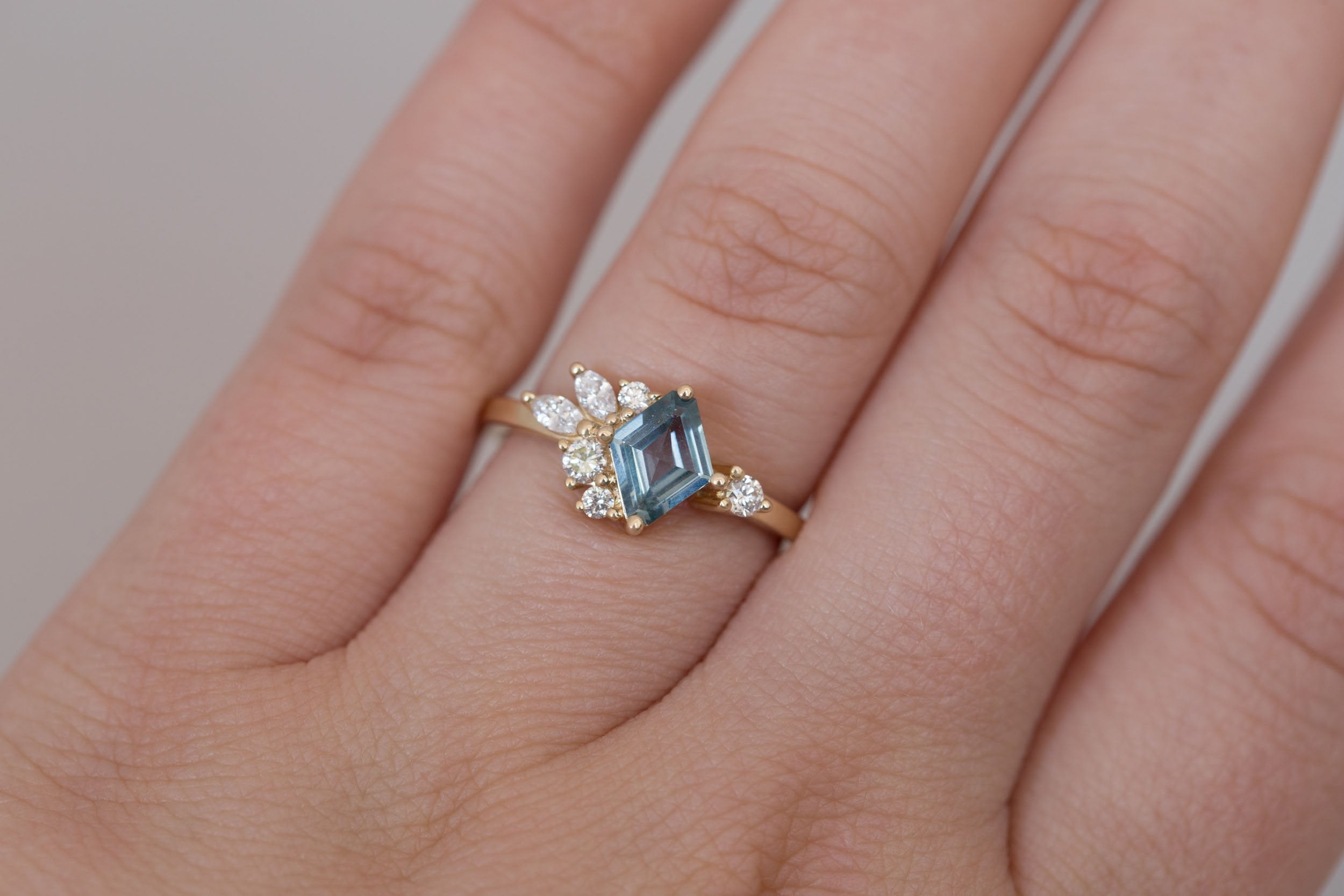 Alden Ring | Mint Montana Sapphire Rhombus + Diamond Cluster Engagement Ring 0.85 ct | 14k Recycled Gold | One of a Kind