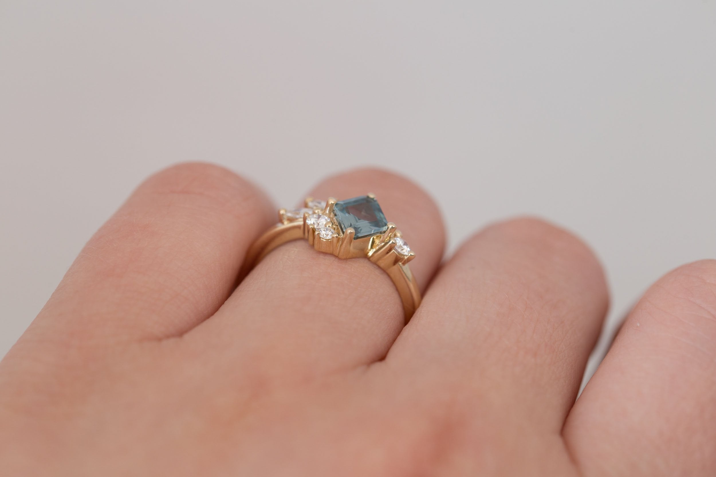 Alden Ring | Mint Montana Sapphire Rhombus + Diamond Cluster Engagement Ring 0.85 ct | 14k Recycled Gold | One of a Kind