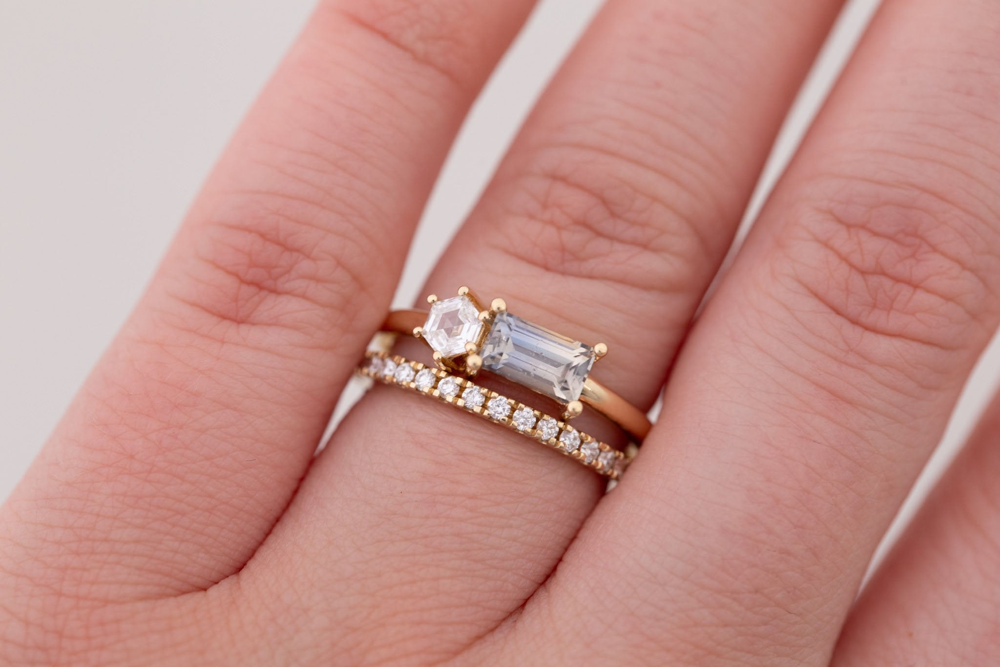 Liana Ring | Bicolor Sapphire + Hexagon Diamond Engagement Ring | 14k Recycled Gold | One of a Kind