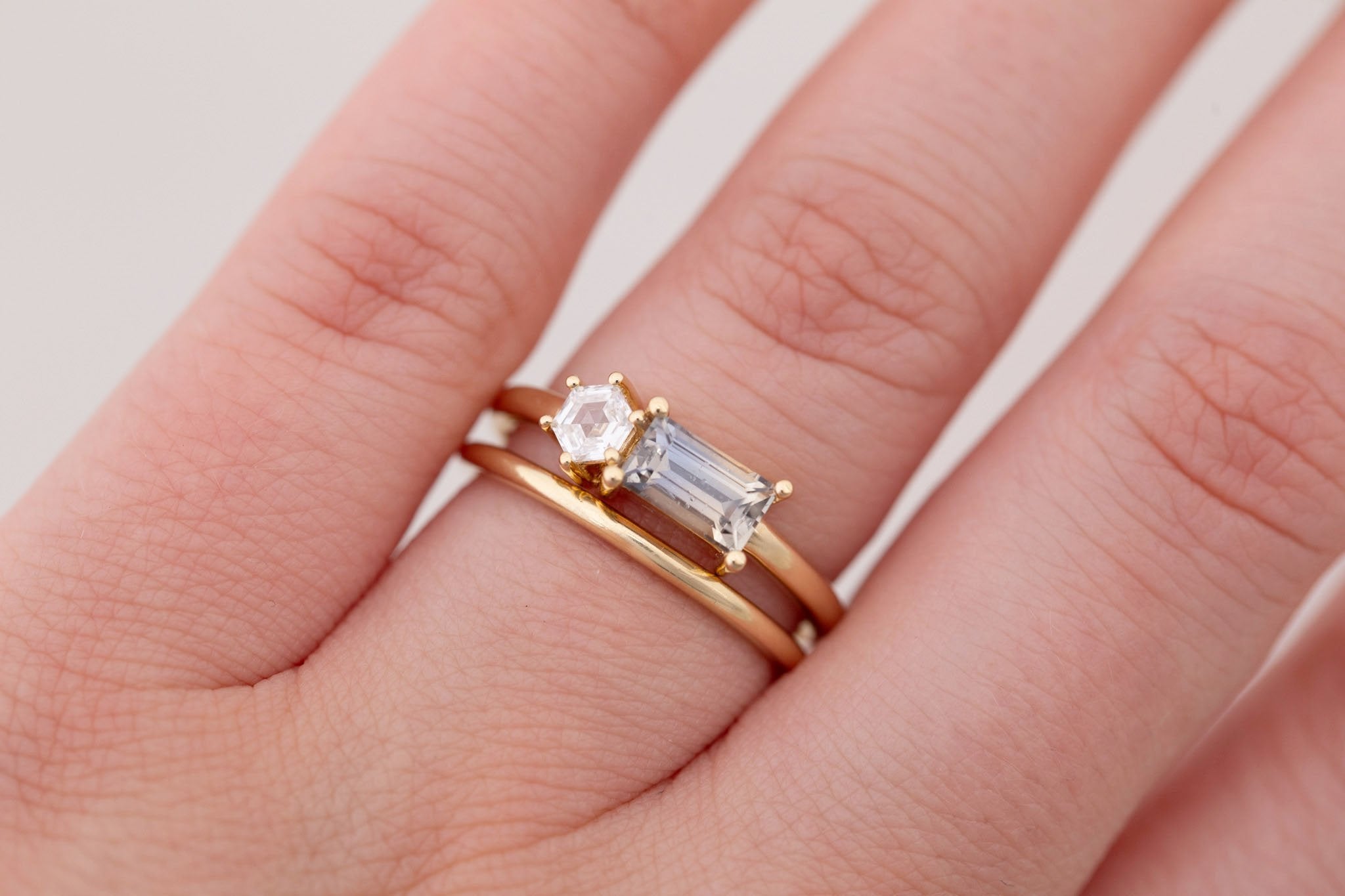 Liana Ring | Bicolor Sapphire + Hexagon Diamond Engagement Ring | 14k Recycled Gold | One of a Kind