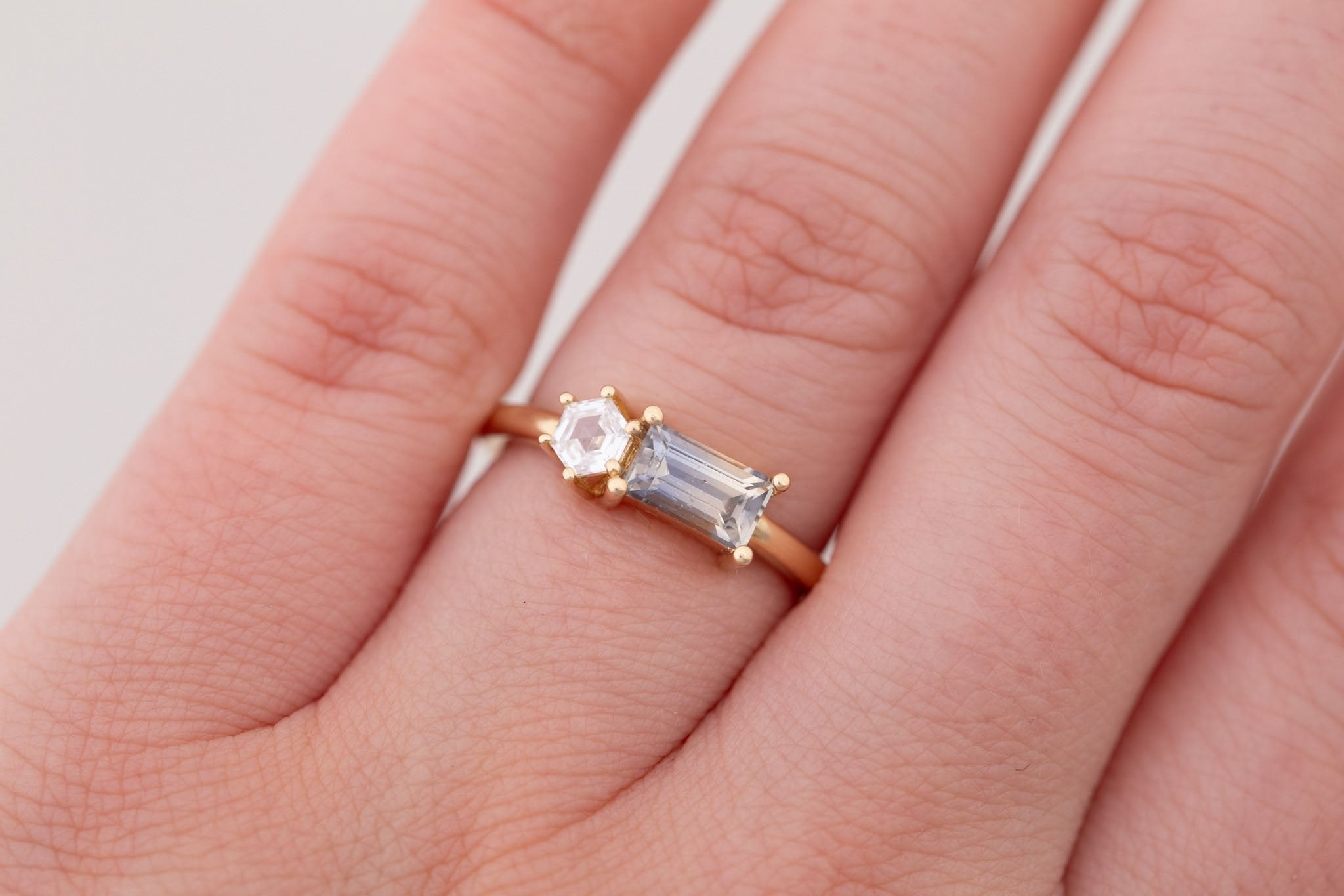 Liana Ring | Bicolor Sapphire + Hexagon Diamond Engagement Ring | 14k Recycled Gold | One of a Kind