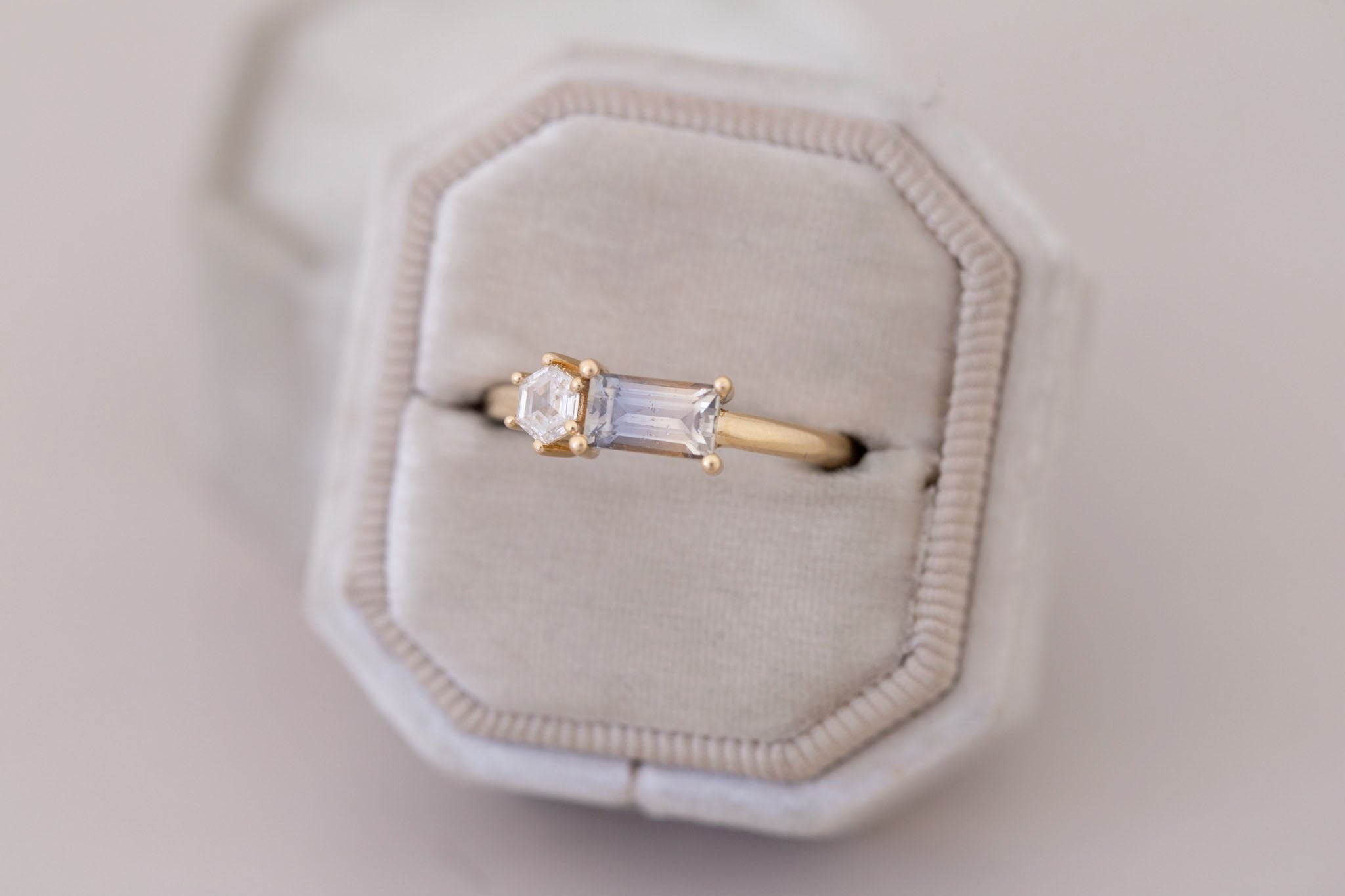 Liana Ring | Bicolor Sapphire + Hexagon Diamond Engagement Ring | 14k Recycled Gold | One of a Kind