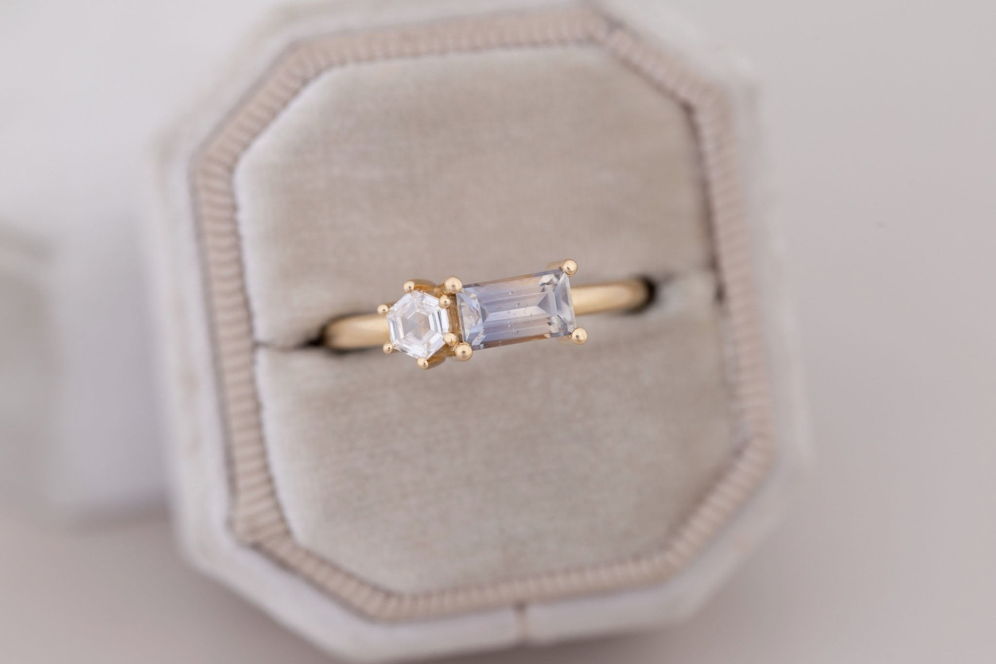 Liana Ring | Bicolor Sapphire + Hexagon Diamond Engagement Ring | 14k Recycled Gold | One of a Kind