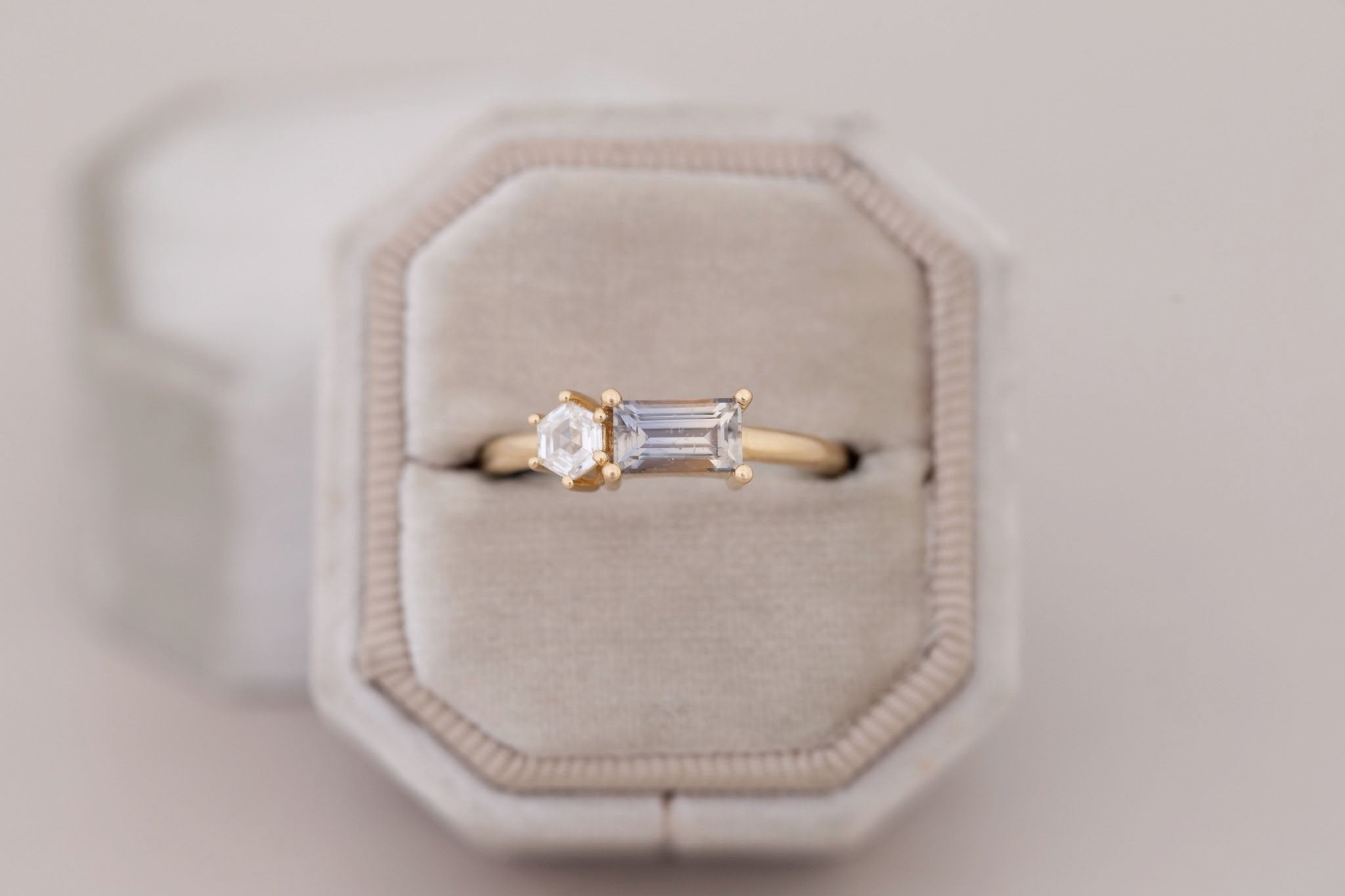 Liana Ring | Bicolor Sapphire + Hexagon Diamond Engagement Ring | 14k Recycled Gold | One of a Kind