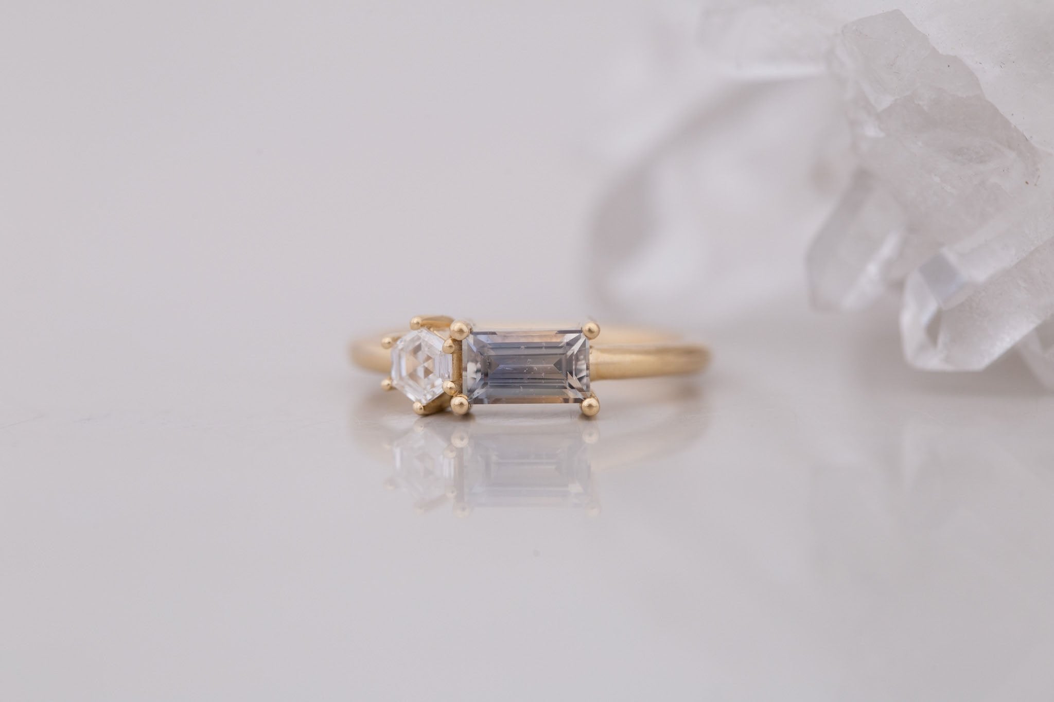 Liana Ring | Bicolor Sapphire + Hexagon Diamond Engagement Ring | 14k Recycled Gold | One of a Kind