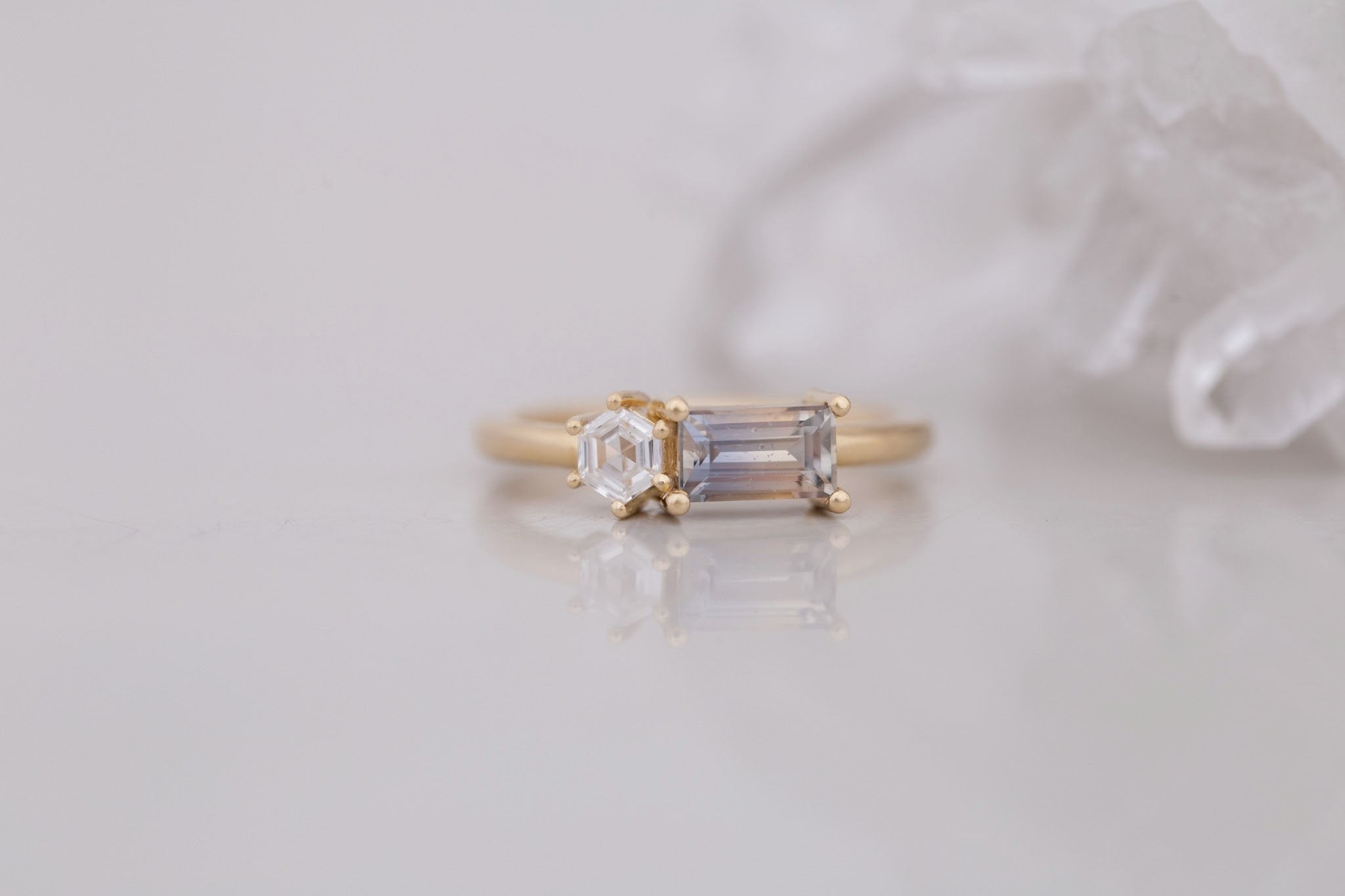 Liana Ring | Bicolor Sapphire + Hexagon Diamond Engagement Ring | 14k Recycled Gold | One of a Kind