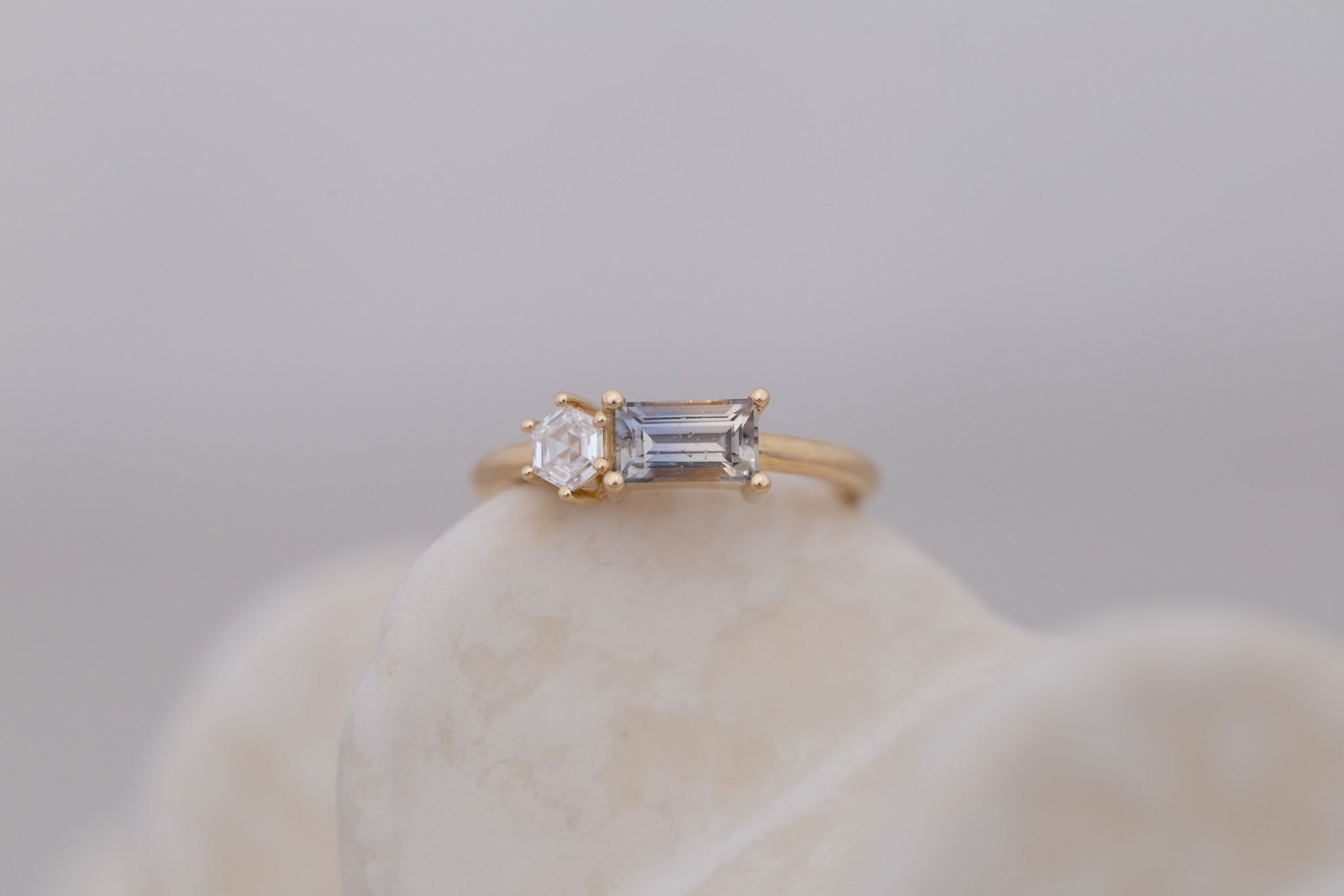 Liana Ring | Bicolor Sapphire + Hexagon Diamond Engagement Ring | 14k Recycled Gold | One of a Kind