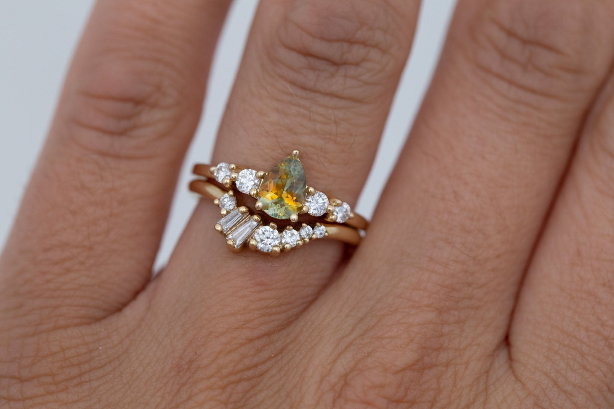 Arbor Ring | Bicolor Pear Sapphire + Round Diamond Accent Engagement Ring 0.87 ct | 14k Recycled Gold | One of a Kind