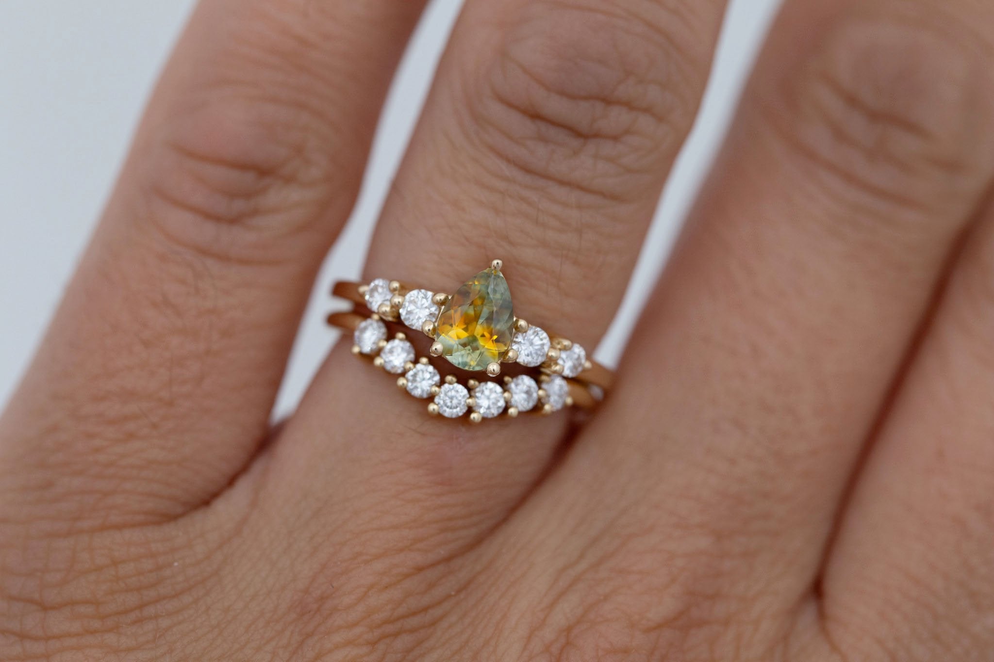 Arbor Ring | Bicolor Pear Sapphire + Round Diamond Accent Engagement Ring 0.87 ct | 14k Recycled Gold | One of a Kind