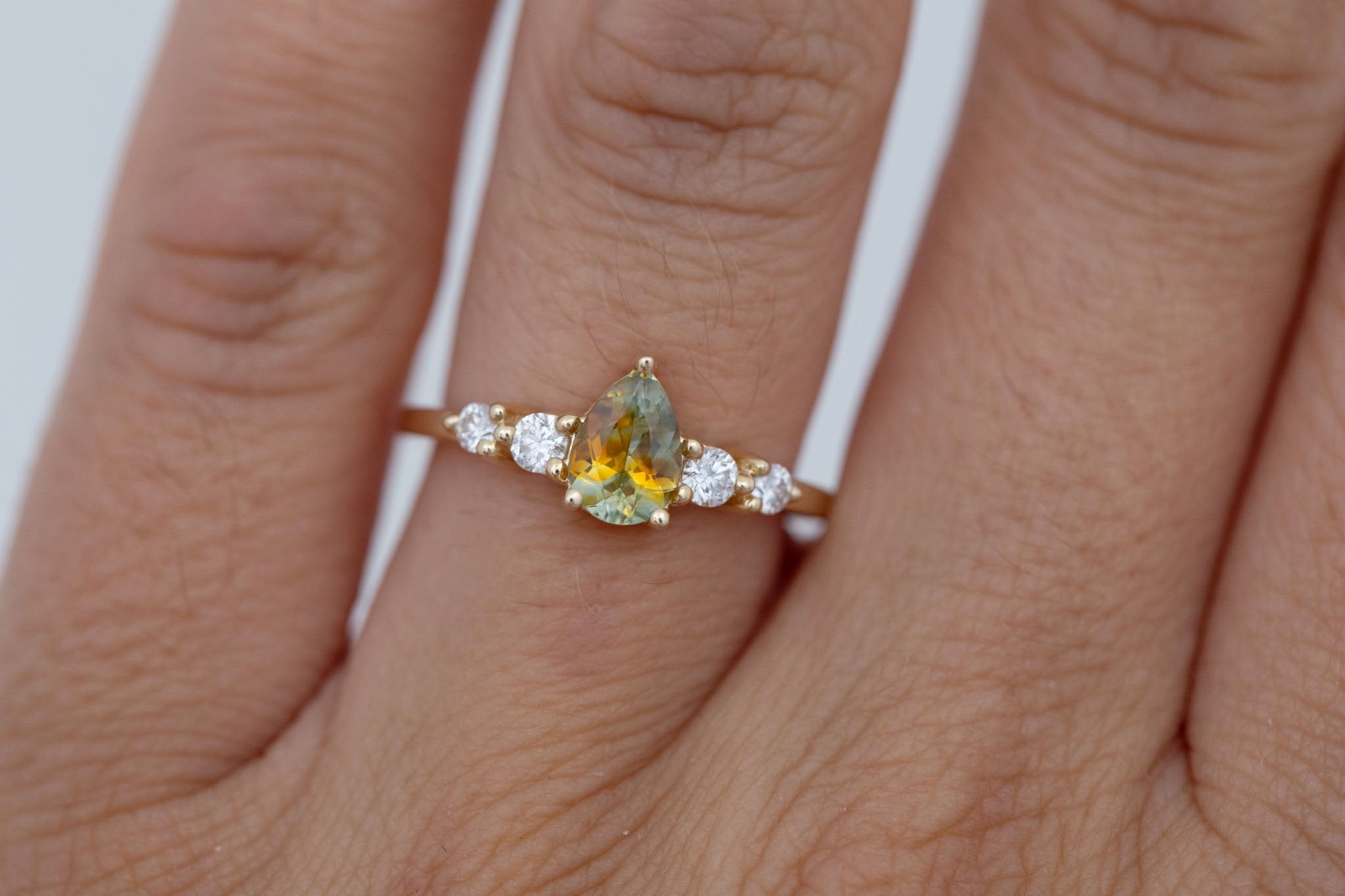 Arbor Ring | Bicolor Pear Sapphire + Round Diamond Accent Engagement Ring 0.87 ct | 14k Recycled Gold | One of a Kind