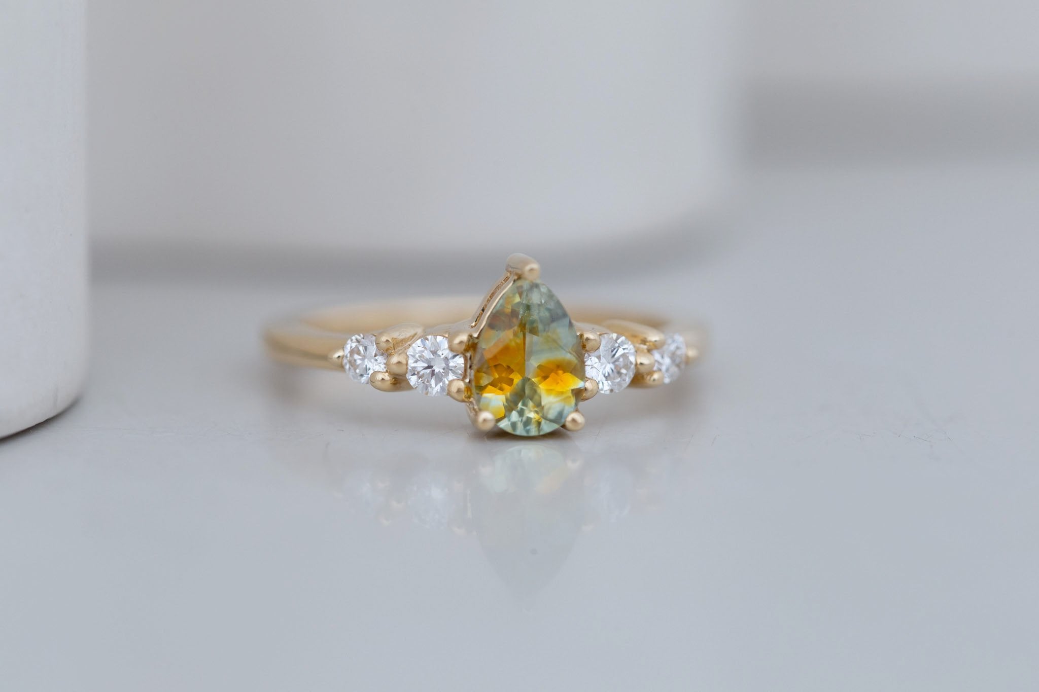 Arbor Ring | Bicolor Pear Sapphire + Round Diamond Accent Engagement Ring 0.87 ct | 14k Recycled Gold | One of a Kind
