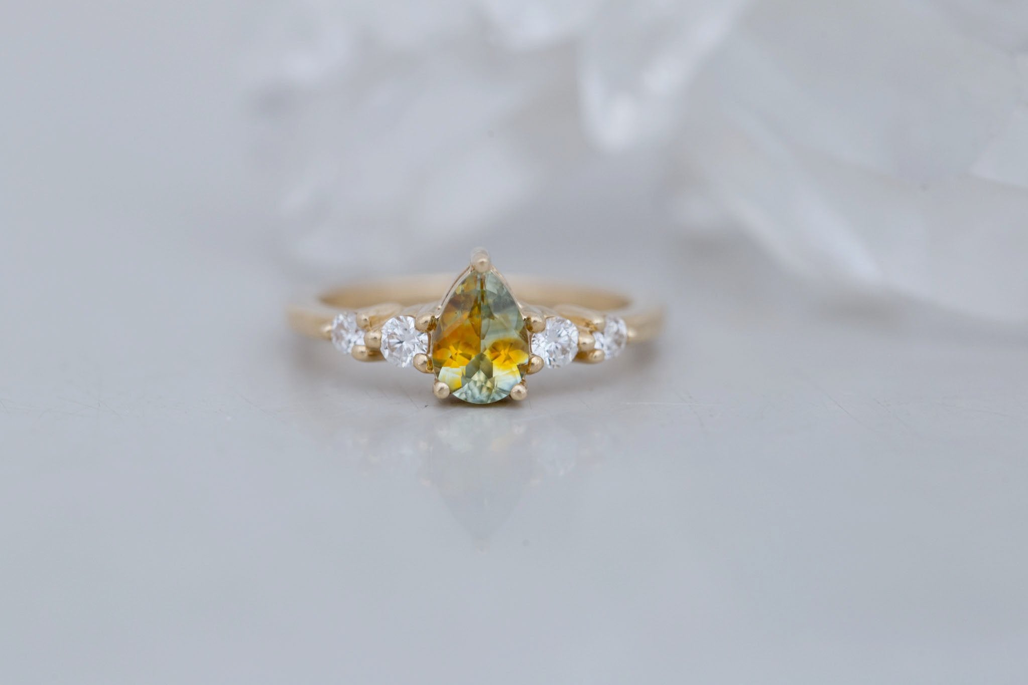 Arbor Ring | Bicolor Pear Sapphire + Round Diamond Accent Engagement Ring 0.87 ct | 14k Recycled Gold | One of a Kind